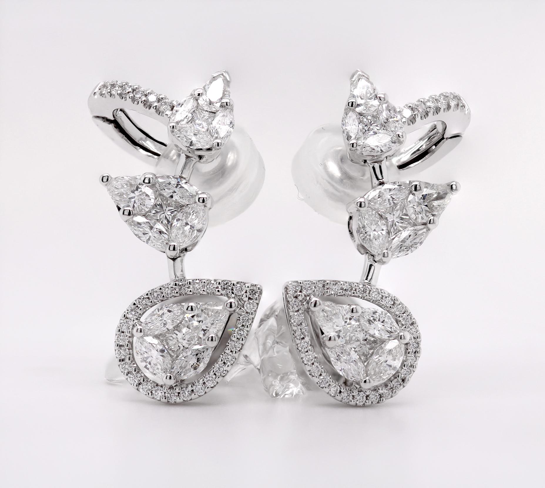 18ct White Gold Fancy Cut Pear & Brilliant Diamond Statement Earrings For Sale 2