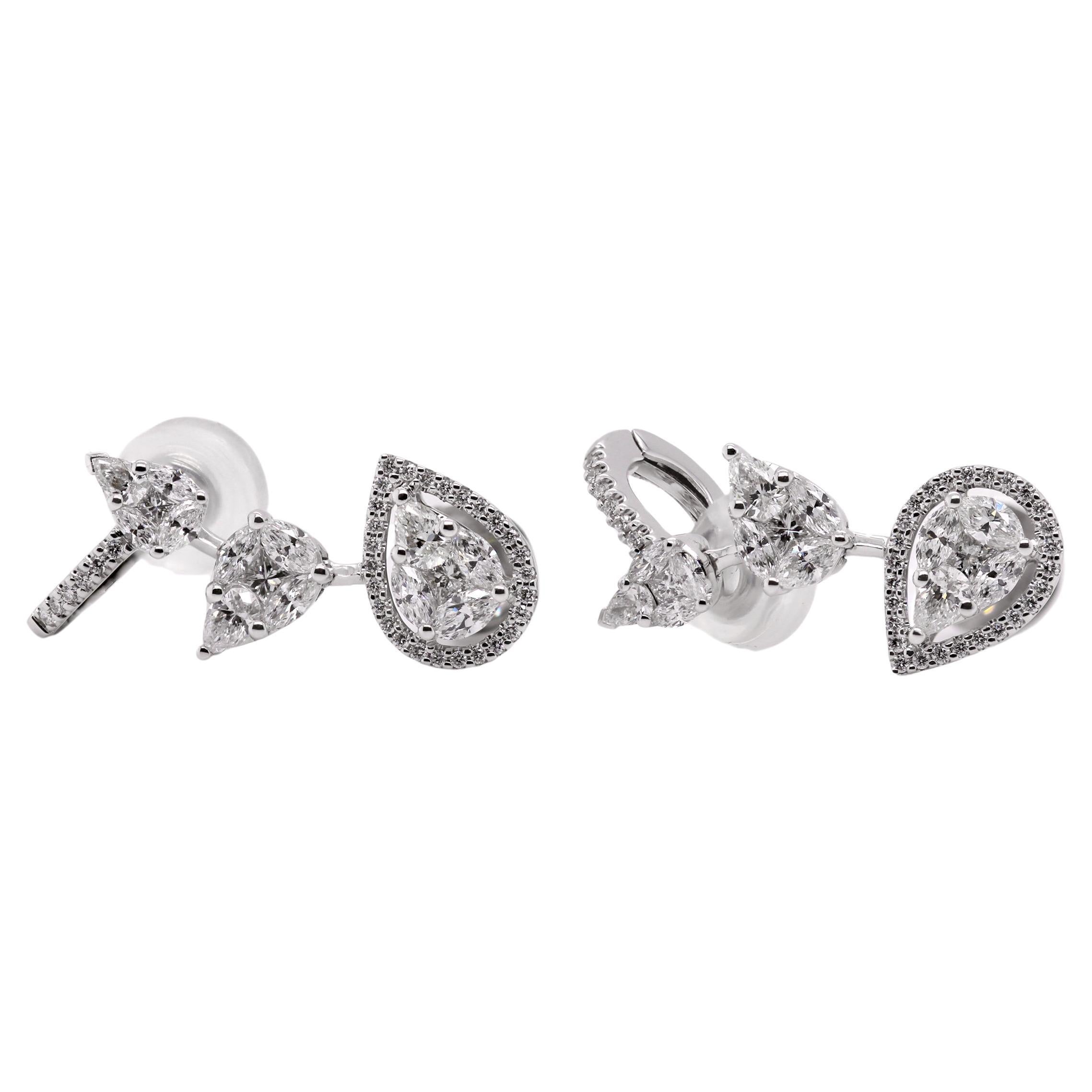 Contemporain Boucles d'oreilles en or blanc 18ct, poire taillée et diamant brillant en vente