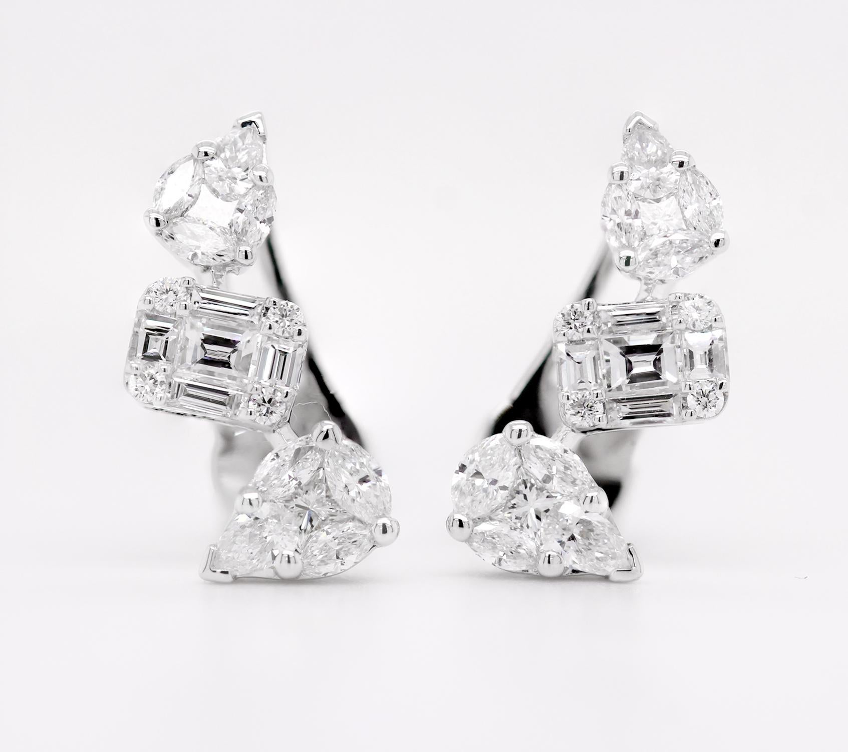 Boucles d'oreilles fantaisie en or blanc 18 carats et diamants brillants de forme fantaisie Pour femmes en vente