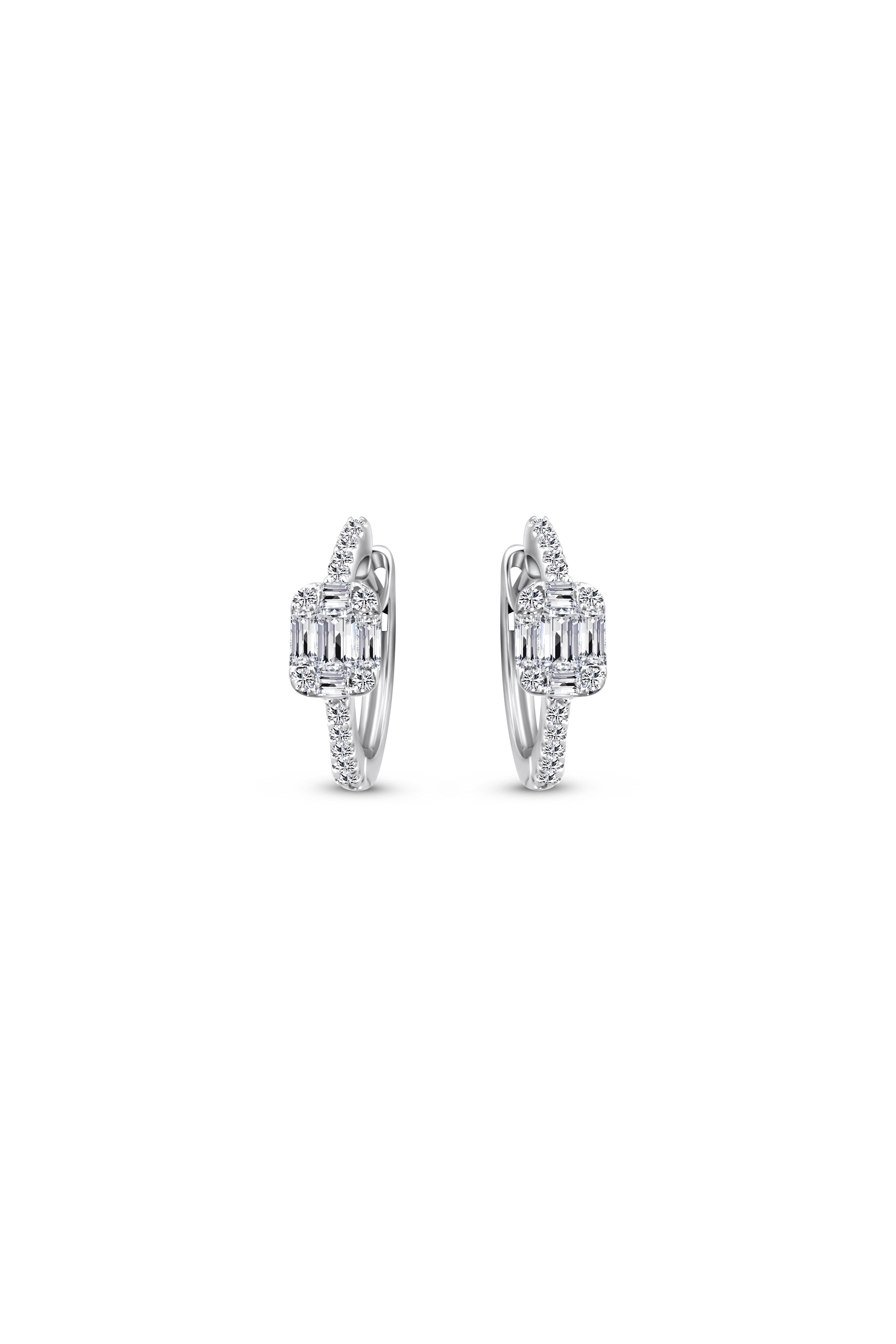 Contemporary 18ct White Gold Fancy Shape Natural Mined Diamond Hoop & Octagon Motif Earrings For Sale