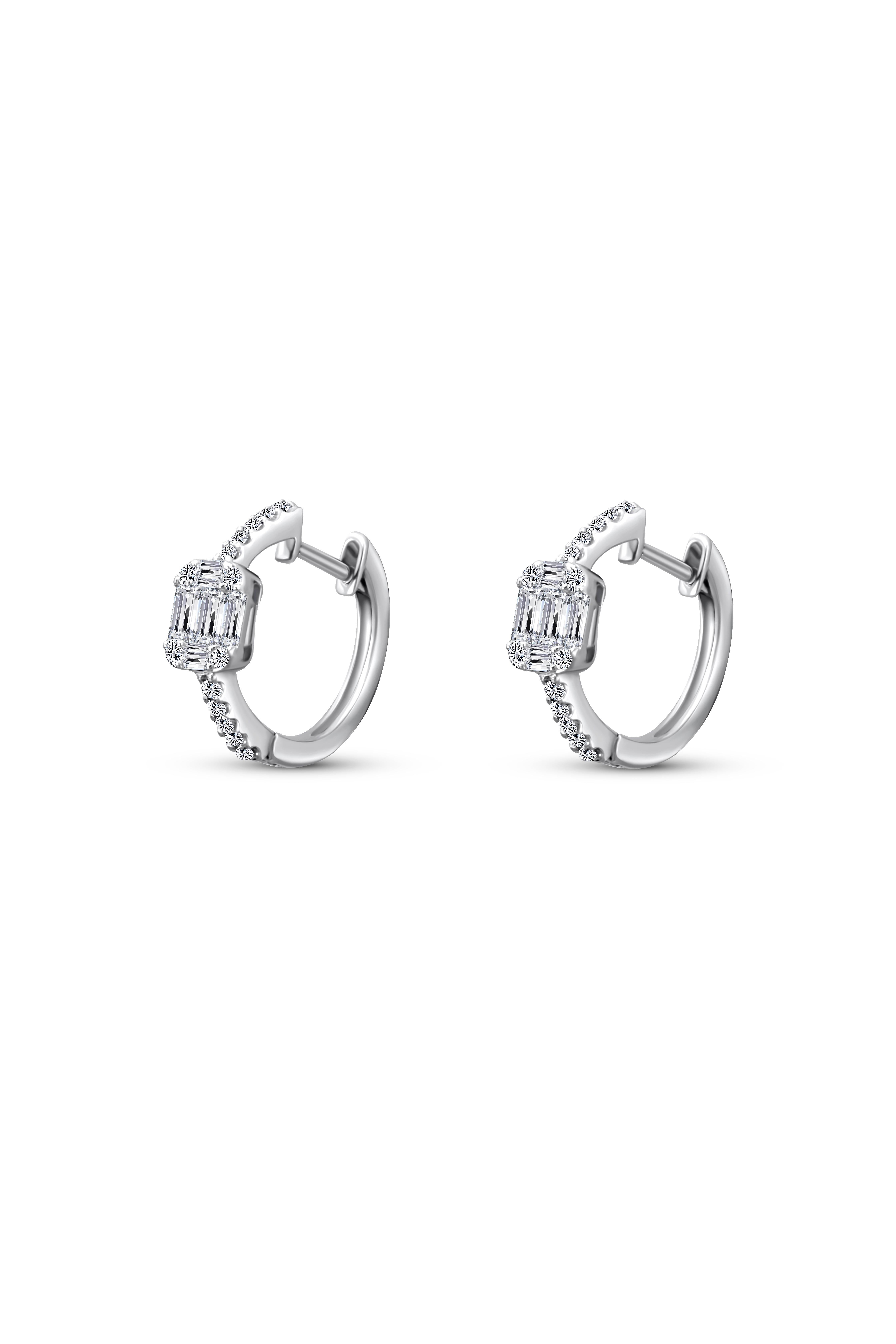 Round Cut 18ct White Gold Fancy Shape Natural Mined Diamond Hoop & Octagon Motif Earrings For Sale