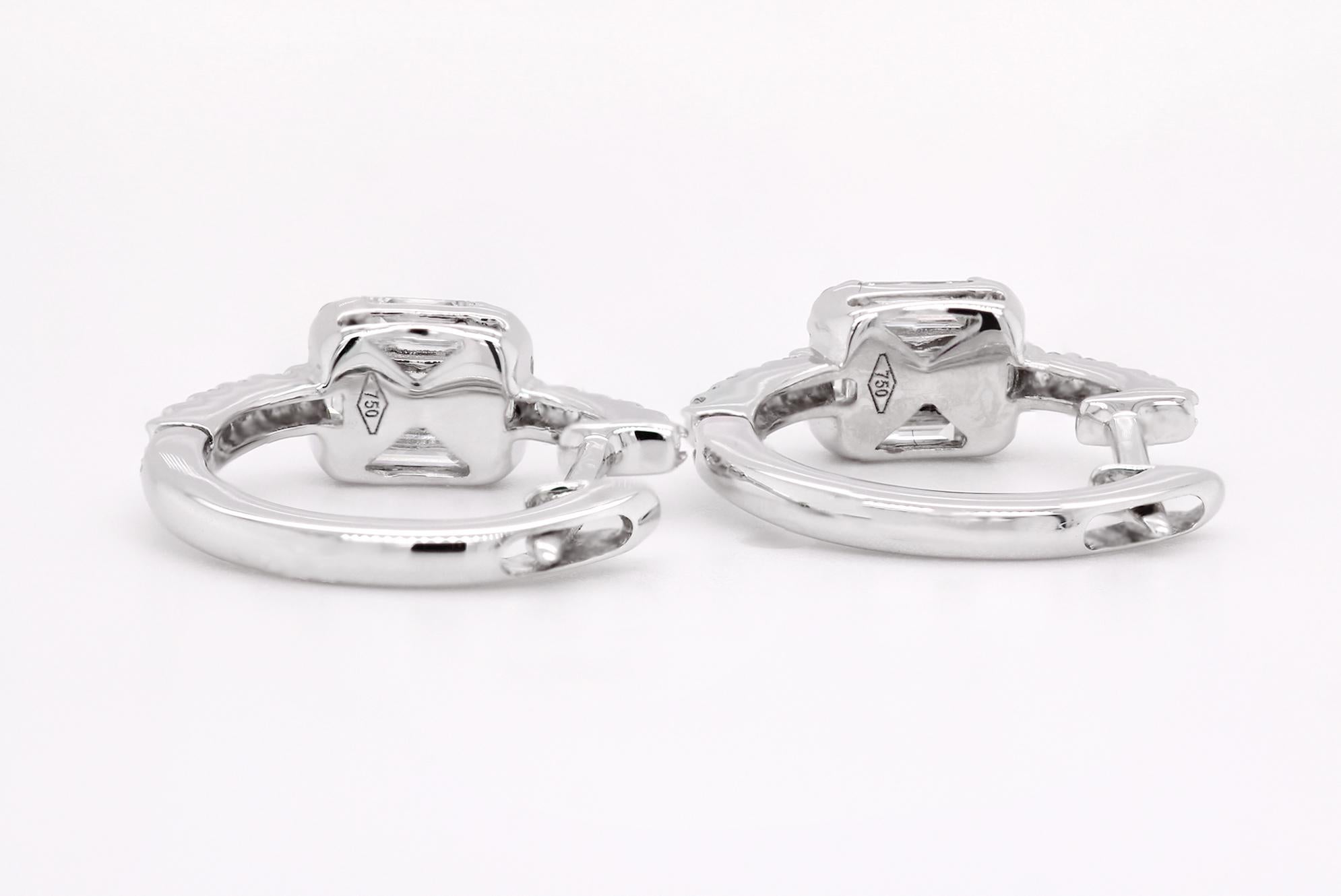 Women's or Men's 18ct White Gold Fancy Shape Natural Mined Diamond Hoop & Octagon Motif Earrings For Sale