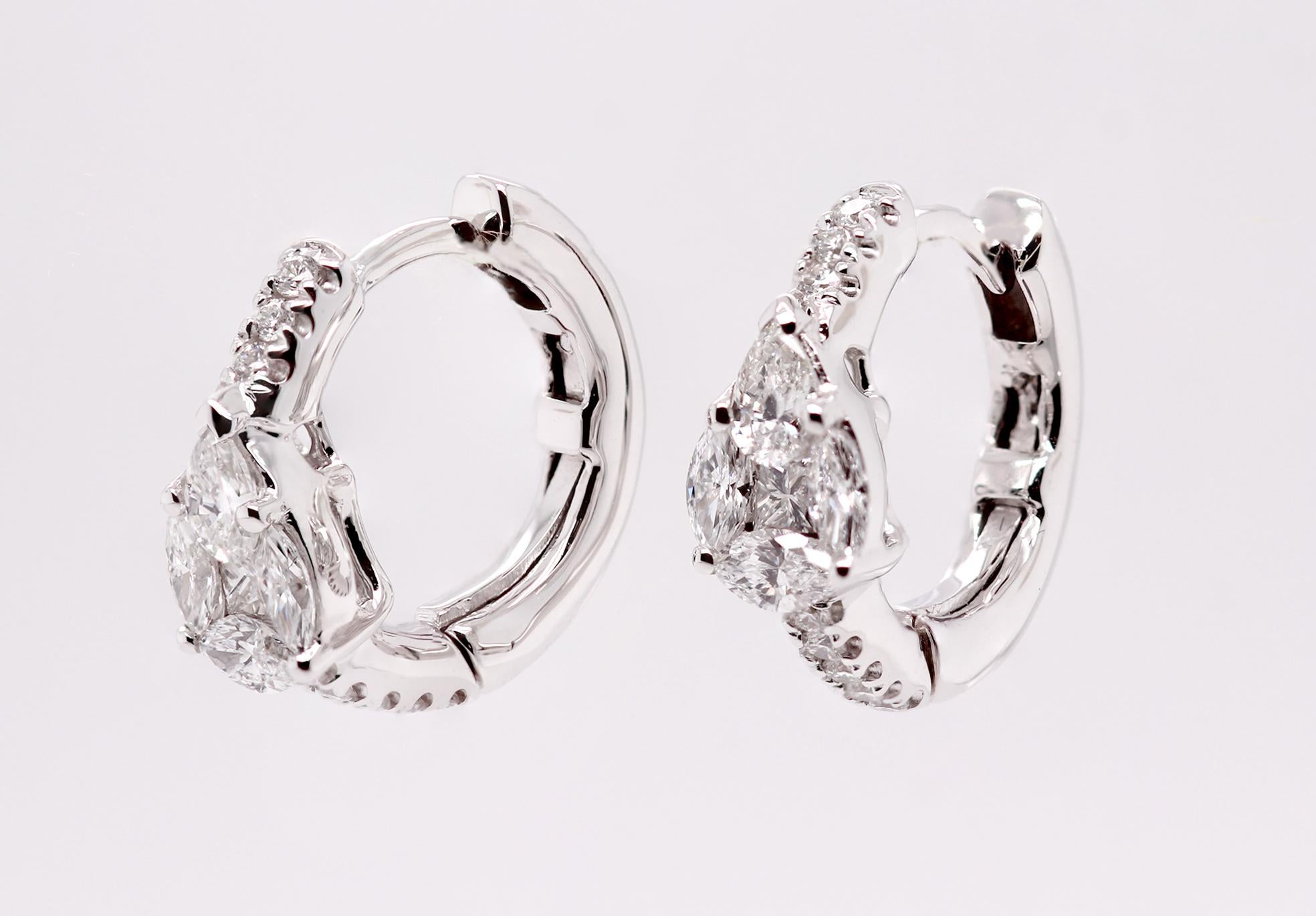 Contemporary 18ct White Gold Fancy Shape Natural Mined Diamond Hoop & Pear Motif Earrings For Sale
