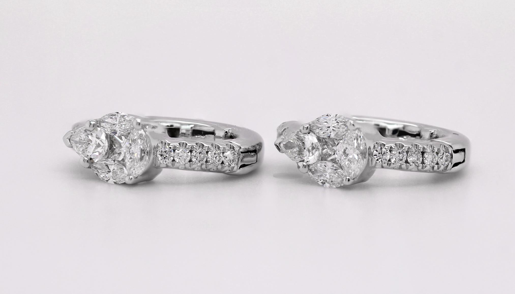 18ct White Gold Fancy Shape Natural Mined Diamond Hoop & Pear Motif Earrings In New Condition For Sale In London, GB