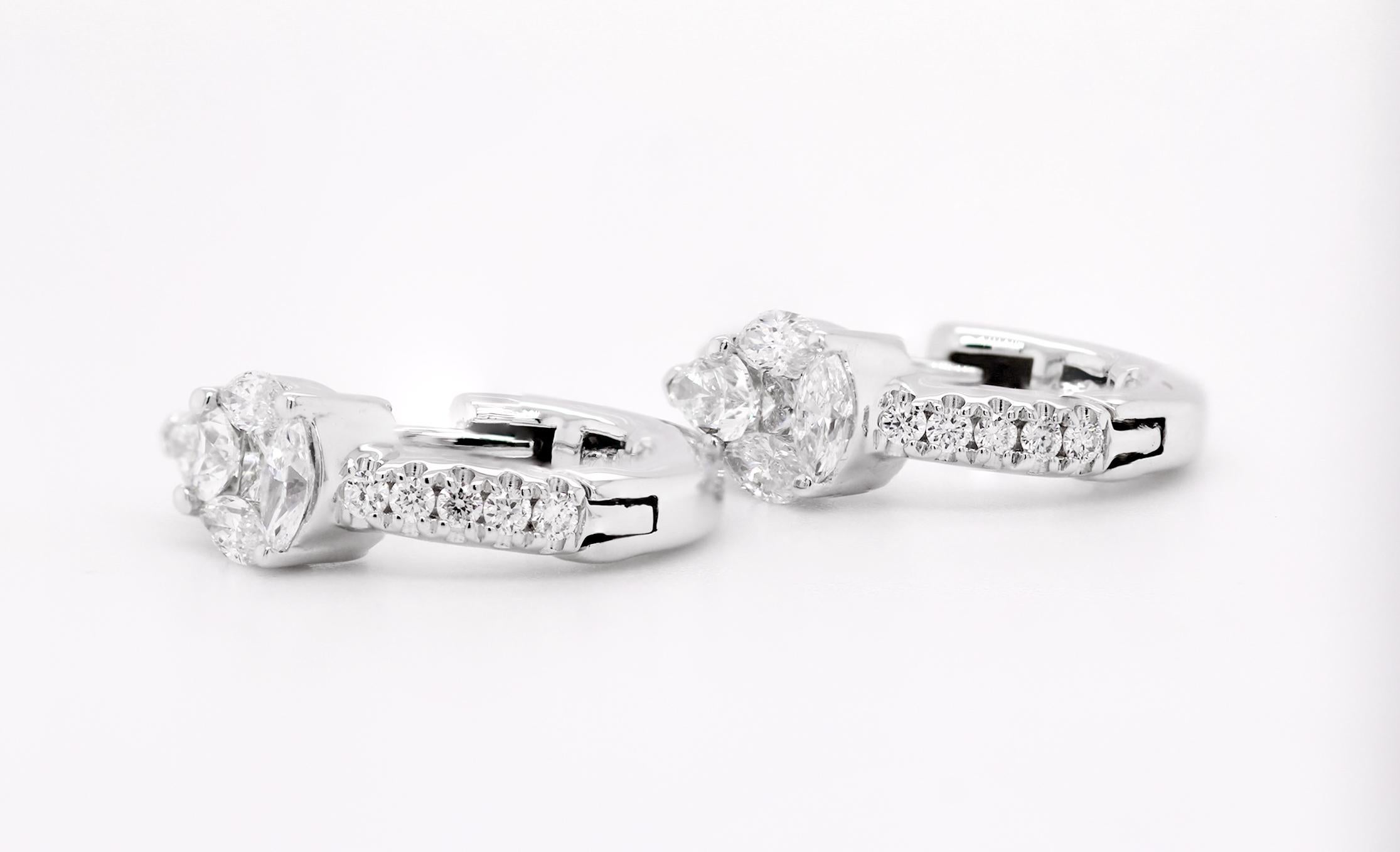 Women's 18ct White Gold Fancy Shape Natural Mined Diamond Hoop & Pear Motif Earrings For Sale