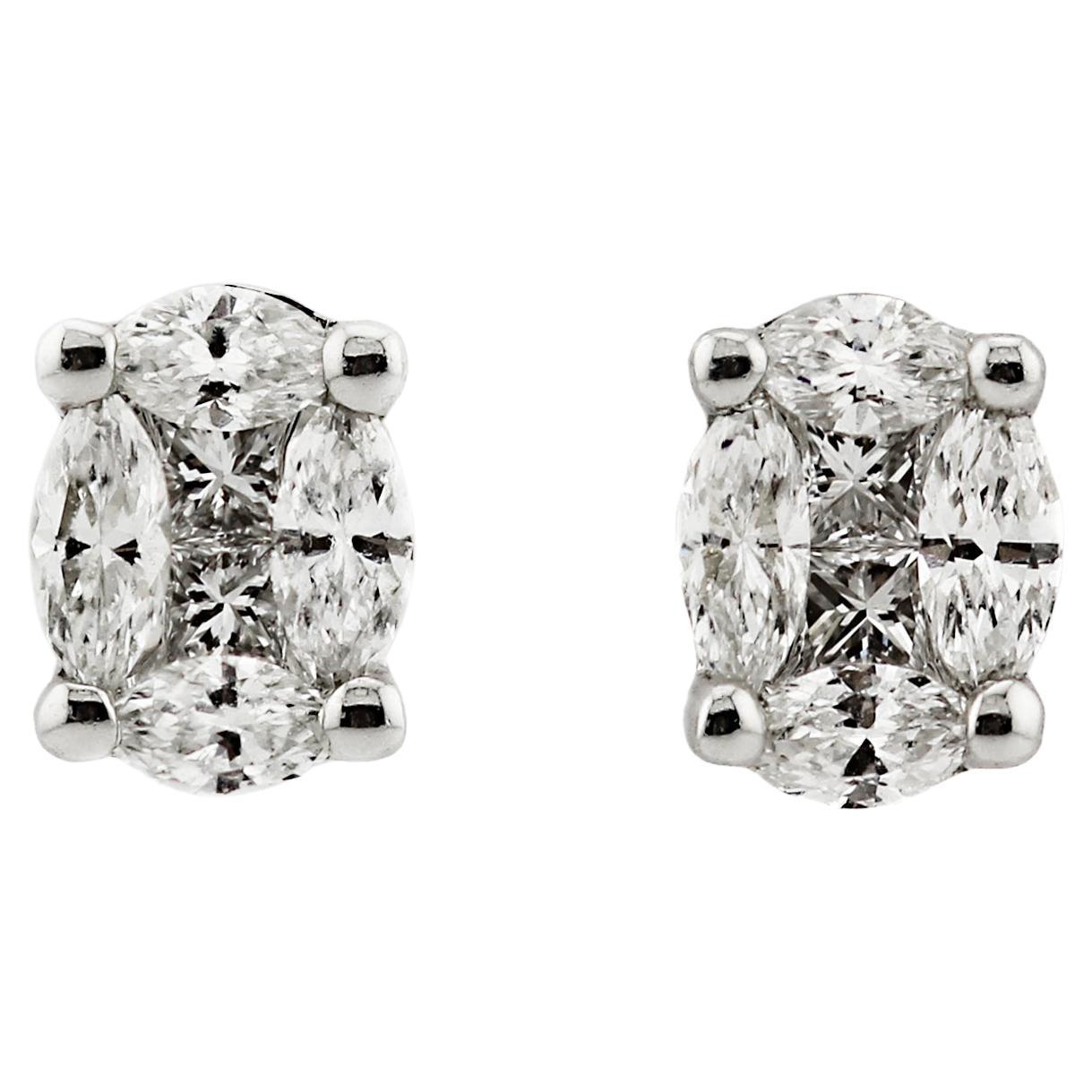 18ct White Gold Fancy Shape Natural Mined Diamond Oval Motif Stud Earrings