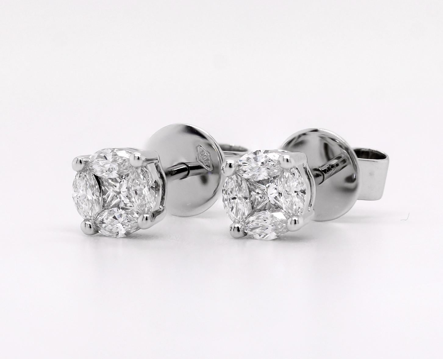 Contemporary 18ct White Gold Fancy Shape Natural Mined Diamond Stud Earrings For Sale