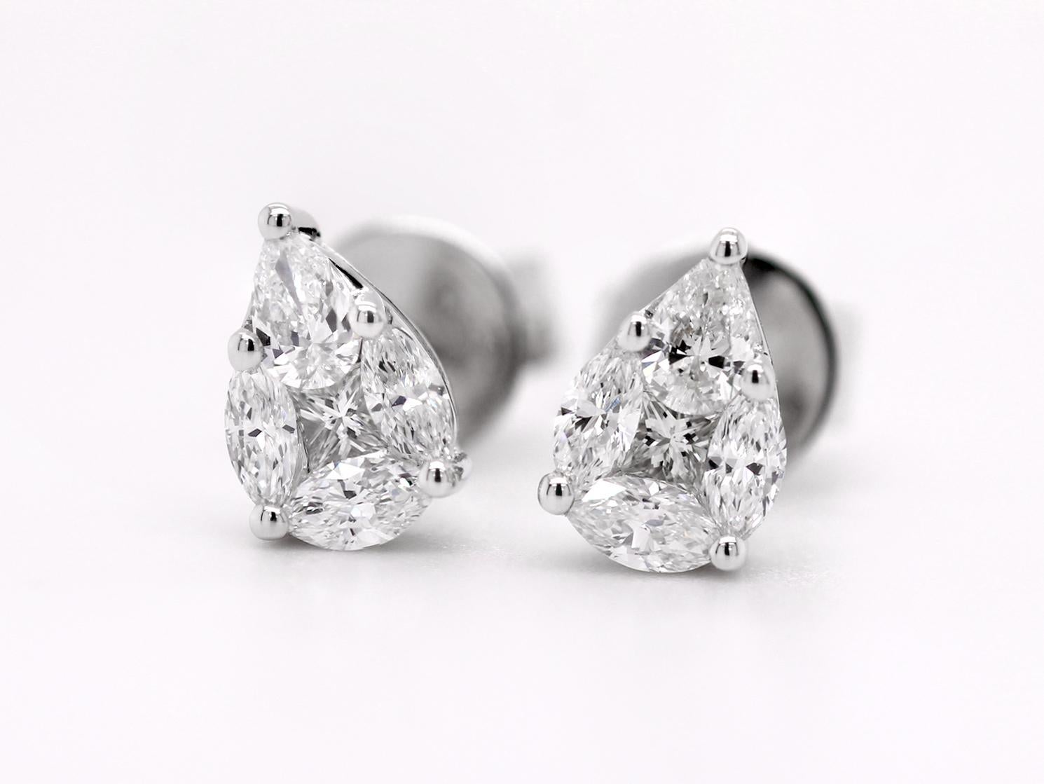 Contemporary 18ct White Gold Fancy Shape Natural Mined Diamond Stud Earrings in Pear Motif For Sale