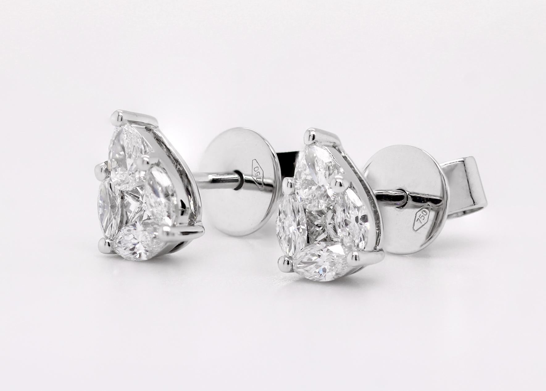 Pear Cut 18ct White Gold Fancy Shape Natural Mined Diamond Stud Earrings in Pear Motif For Sale