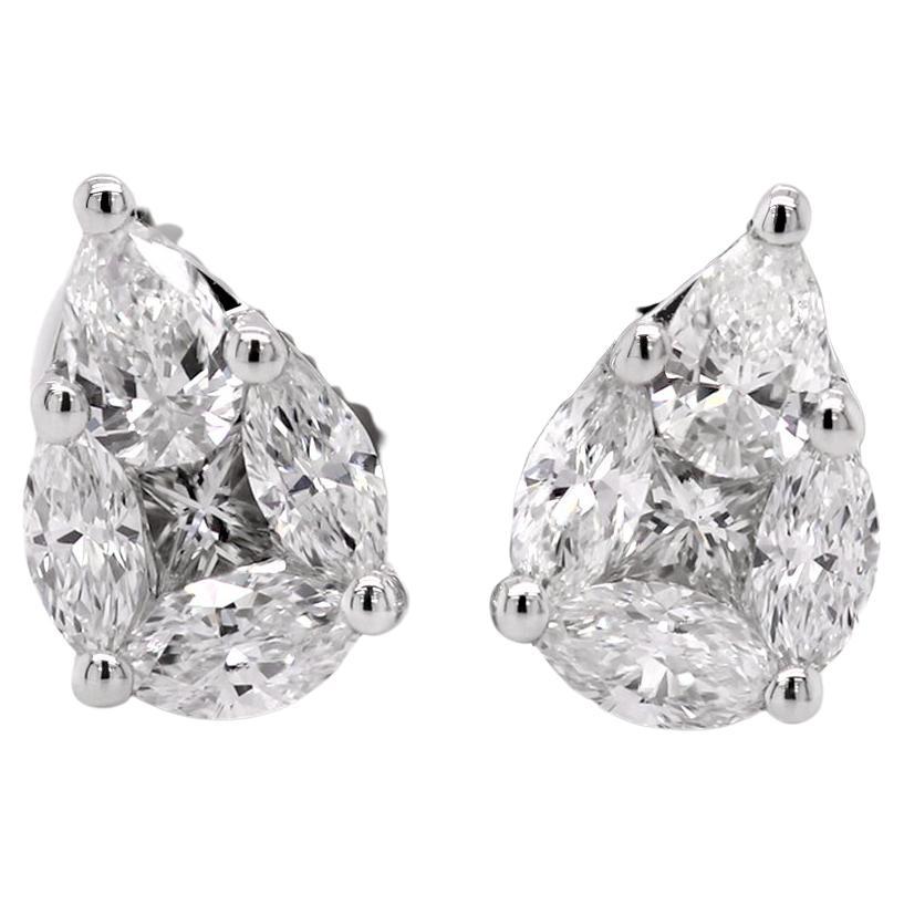 18ct White Gold Fancy Shape Natural Mined Diamond Stud Earrings in Pear Motif For Sale