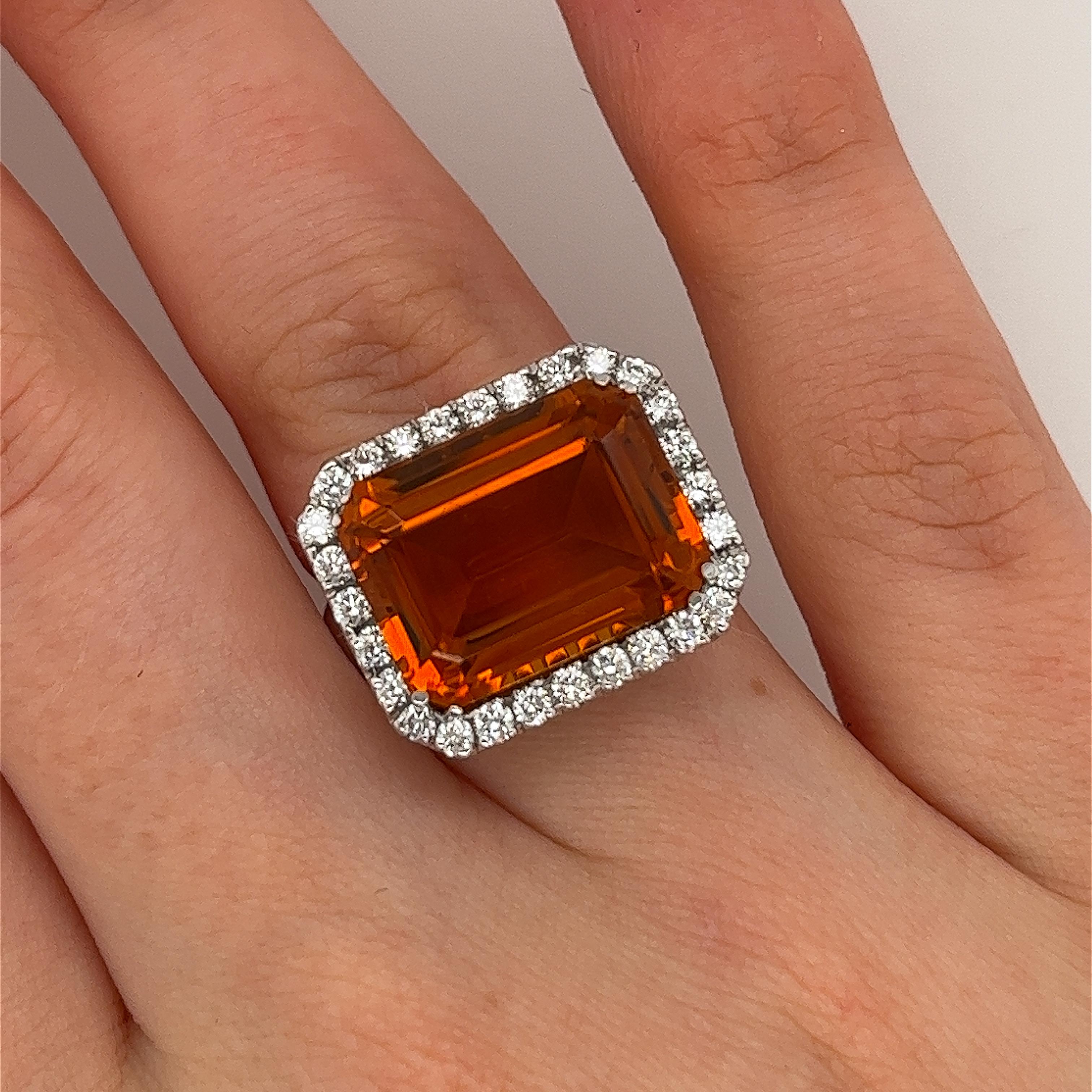 Introducing the epitome of timeless elegance - our classic Emerald Golden Citrine ring surrounded by 28 dazzling diamonds.
Total diamond weight is 0.56ct G/VSI, set in exquisite 18ct White Gold.

Total Weight: 16.79g
Ring Size: N
Width of Band: