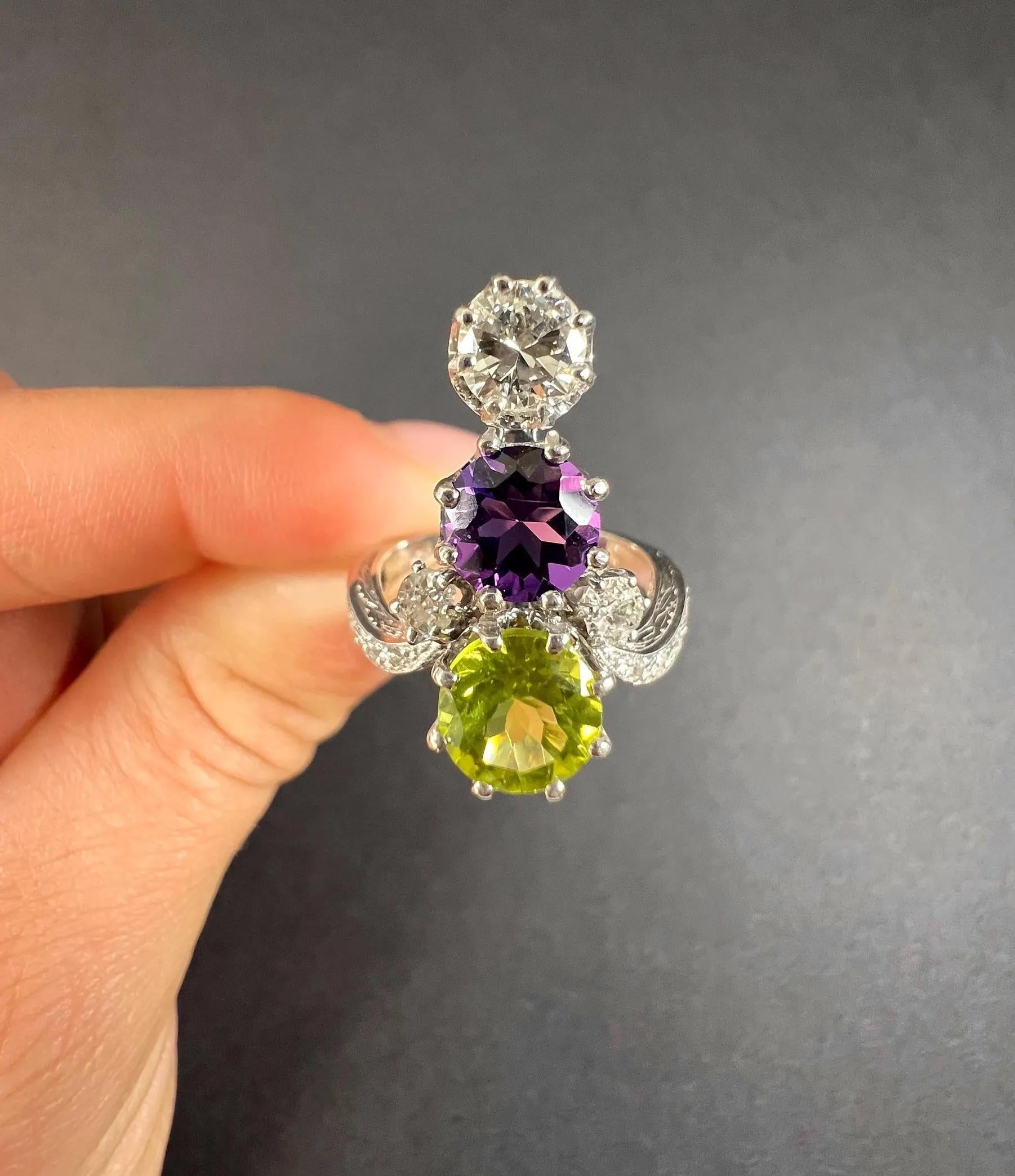 18ct White Gold French Edwardian Suffragette Ring Amethyst, Peridot & Diamond For Sale 5