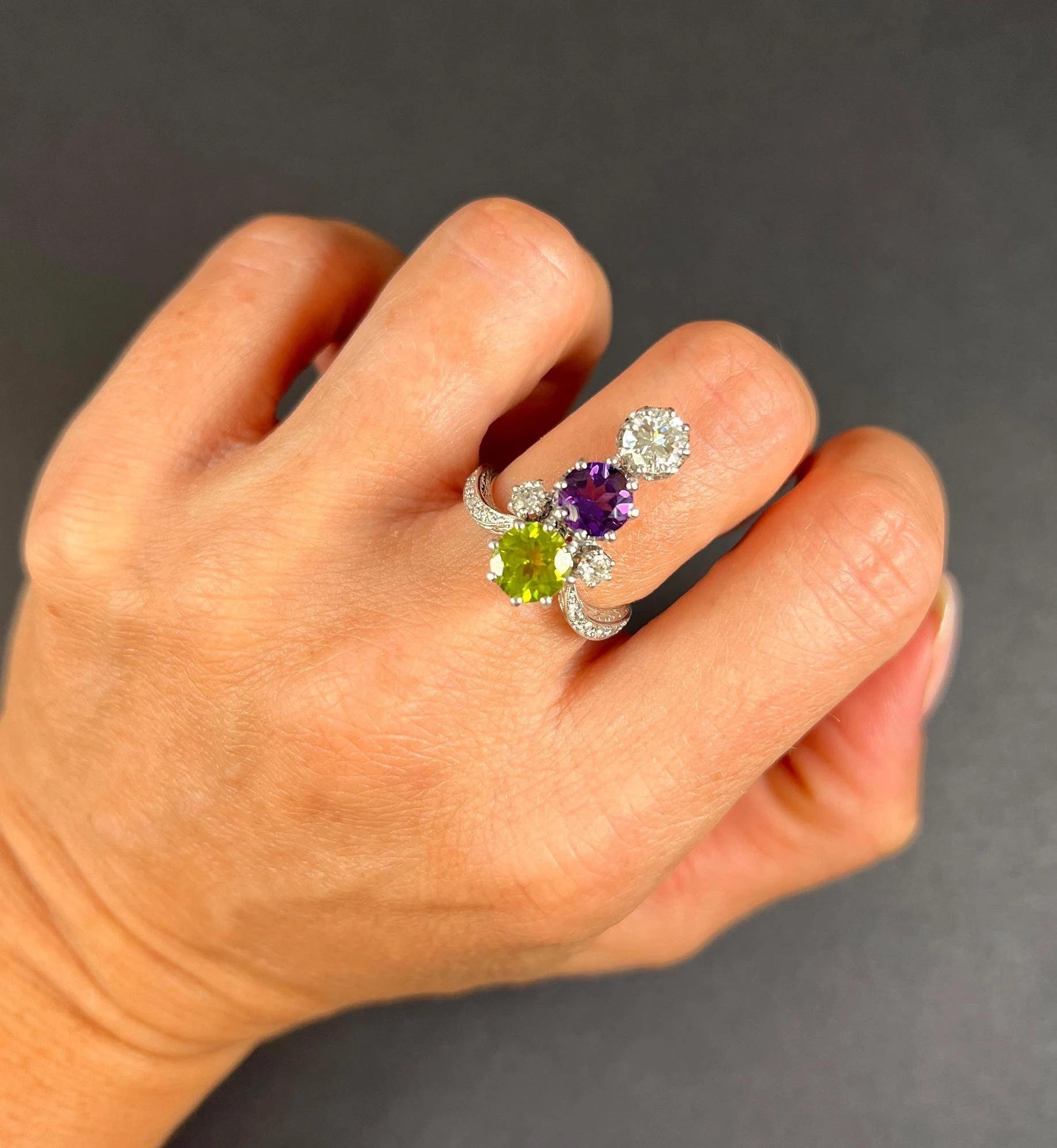 18ct White Gold French Edwardian Suffragette Ring Amethyst, Peridot & Diamond For Sale 6