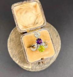18ct White Gold French Edwardian Suffragette Ring Amethyst, Peridot & Diamond