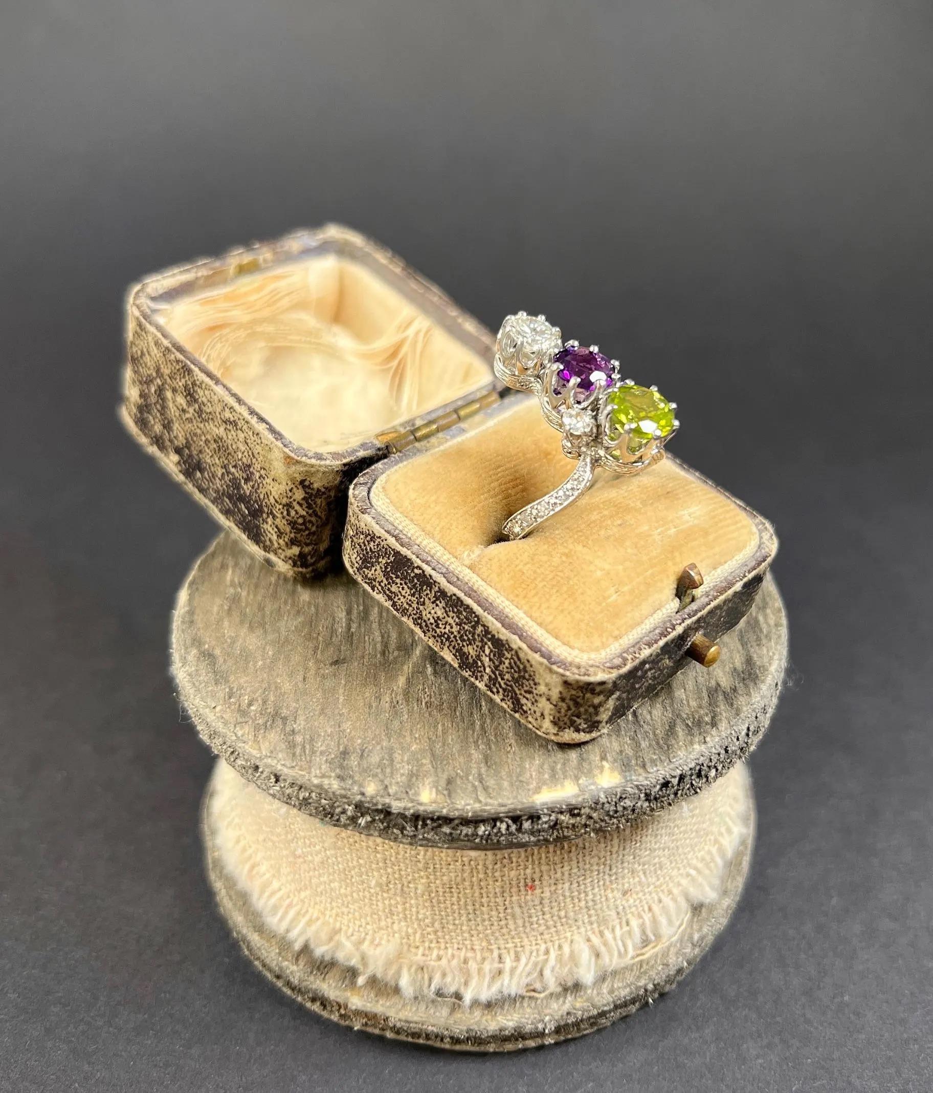 Brilliant Cut 18ct White Gold French Edwardian Suffragette Ring Amethyst, Peridot & Diamond For Sale