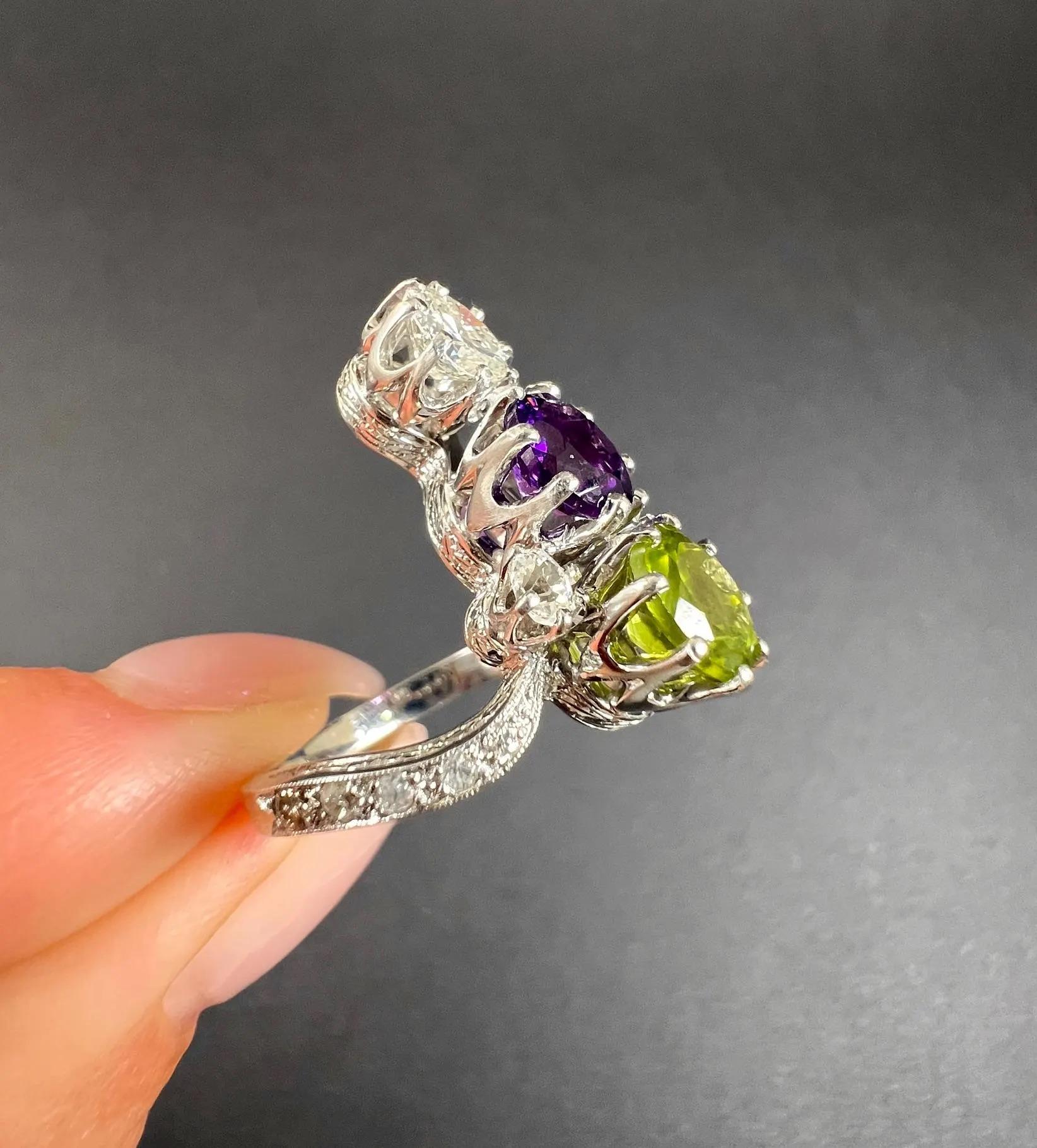 18ct White Gold French Edwardian Suffragette Ring Amethyst, Peridot & Diamond For Sale 1