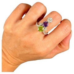 18ct White Gold French Edwardian Suffragette Ring Amethyst, Peridot & Diamond