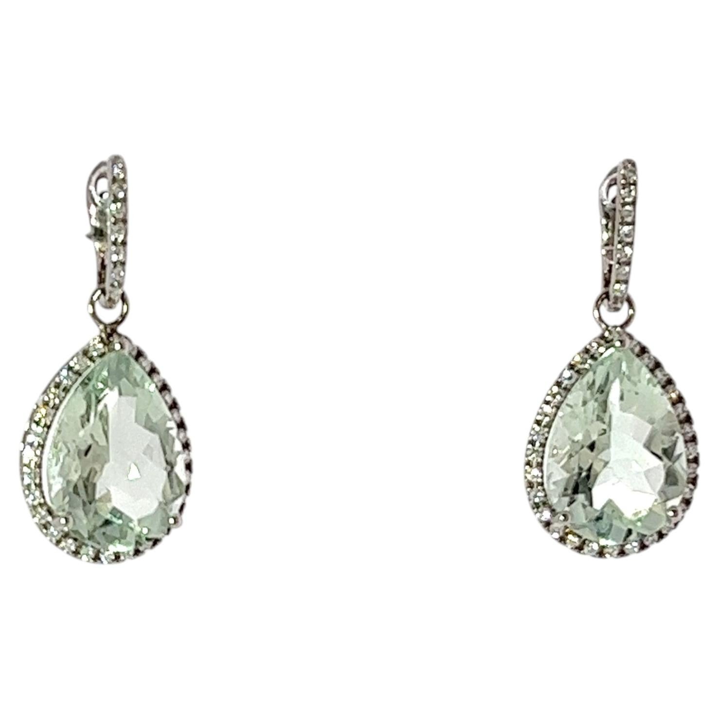 18ct White Gold Green Quartz & Diamond Drop Earrings