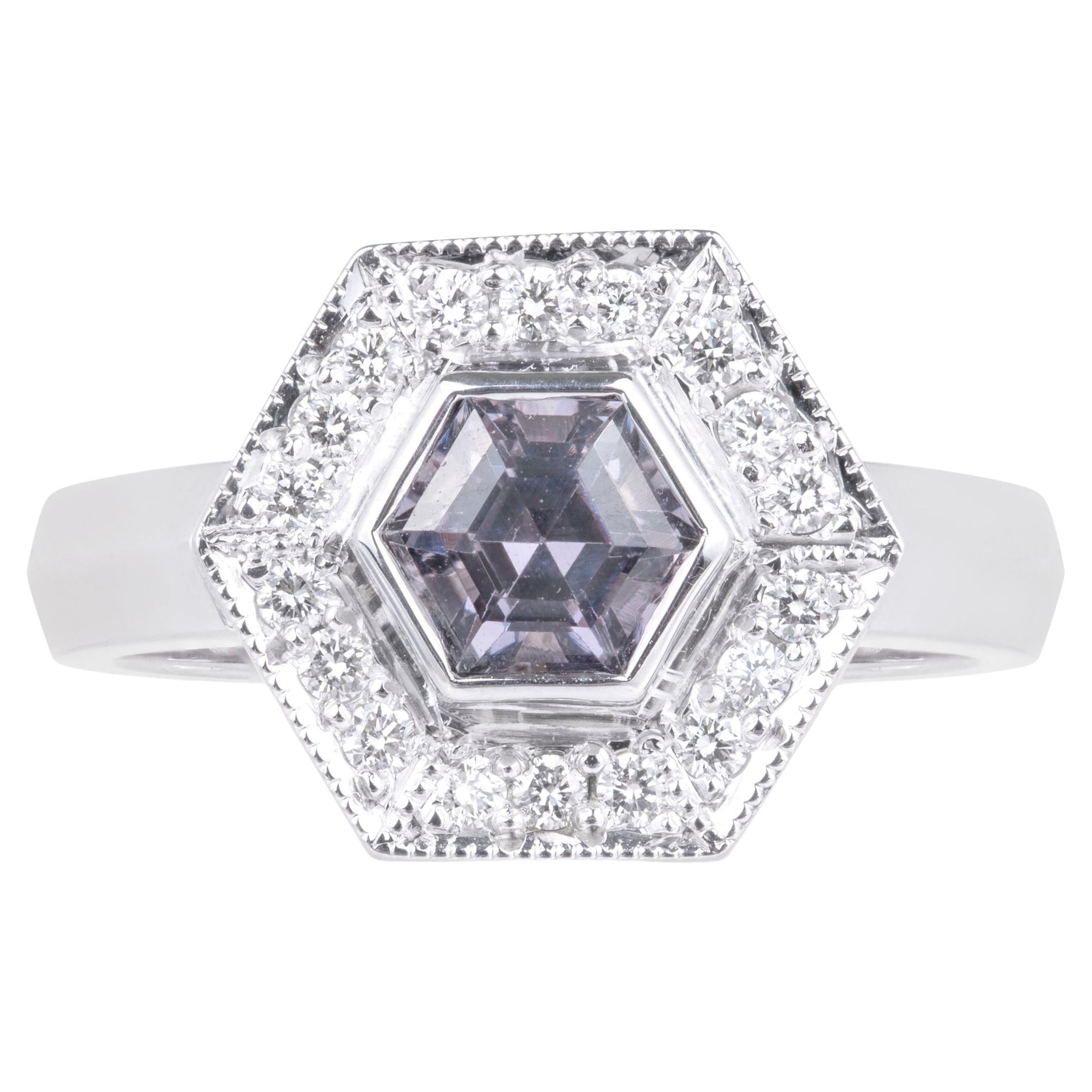 18ct White Gold Hex Cut 0.67ct Grey Spinel and Diamond Halo Engagement Ring For Sale