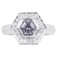 18ct White Gold Hex Cut 0.67ct Grey Spinel and Diamond Halo Engagement Ring