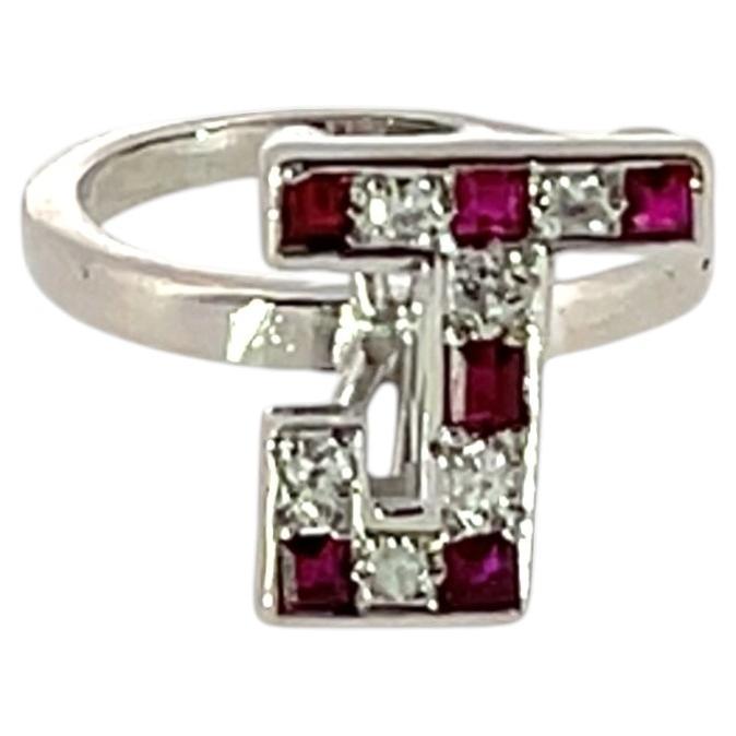 18ct White Gold "J" Initial Ring  Natural Diamonds & Ruby Accents For Sale