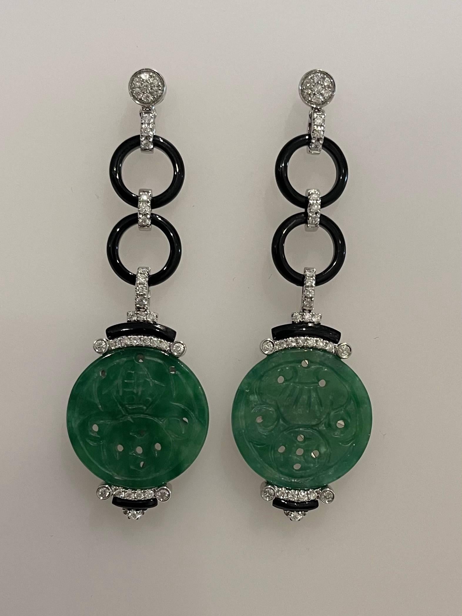 Contemporary 18ct White Gold Jadeite and Diamond Earrings For Sale