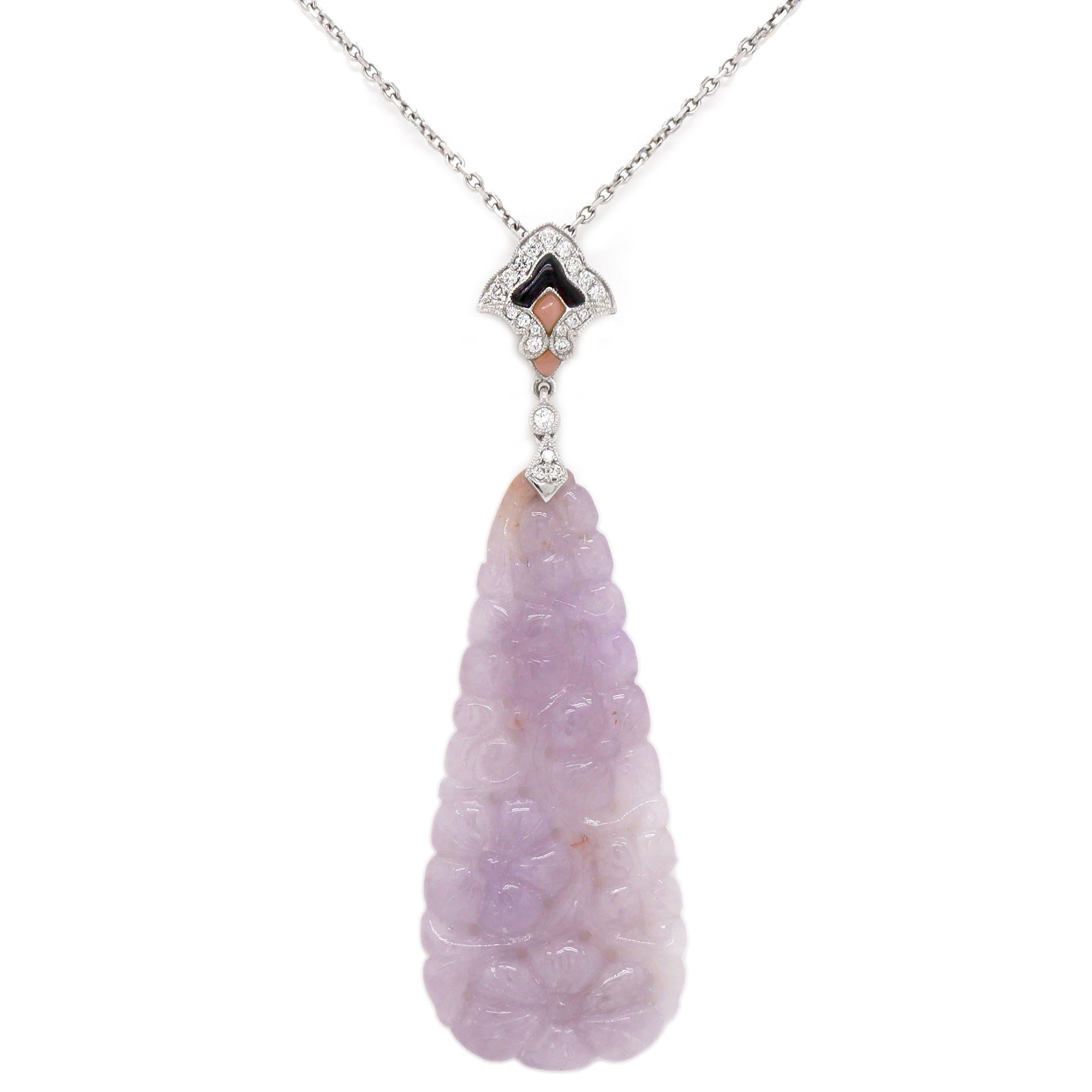 Ciondolo e collana in oro bianco 18 carati con giada lavanda, corallo, onice e diamanti

Questo squisito ciondolo in oro bianco 18ct cattura l'eleganza del design/One, con un centro in giada lavanda splendidamente intagliato e ornato da intricati