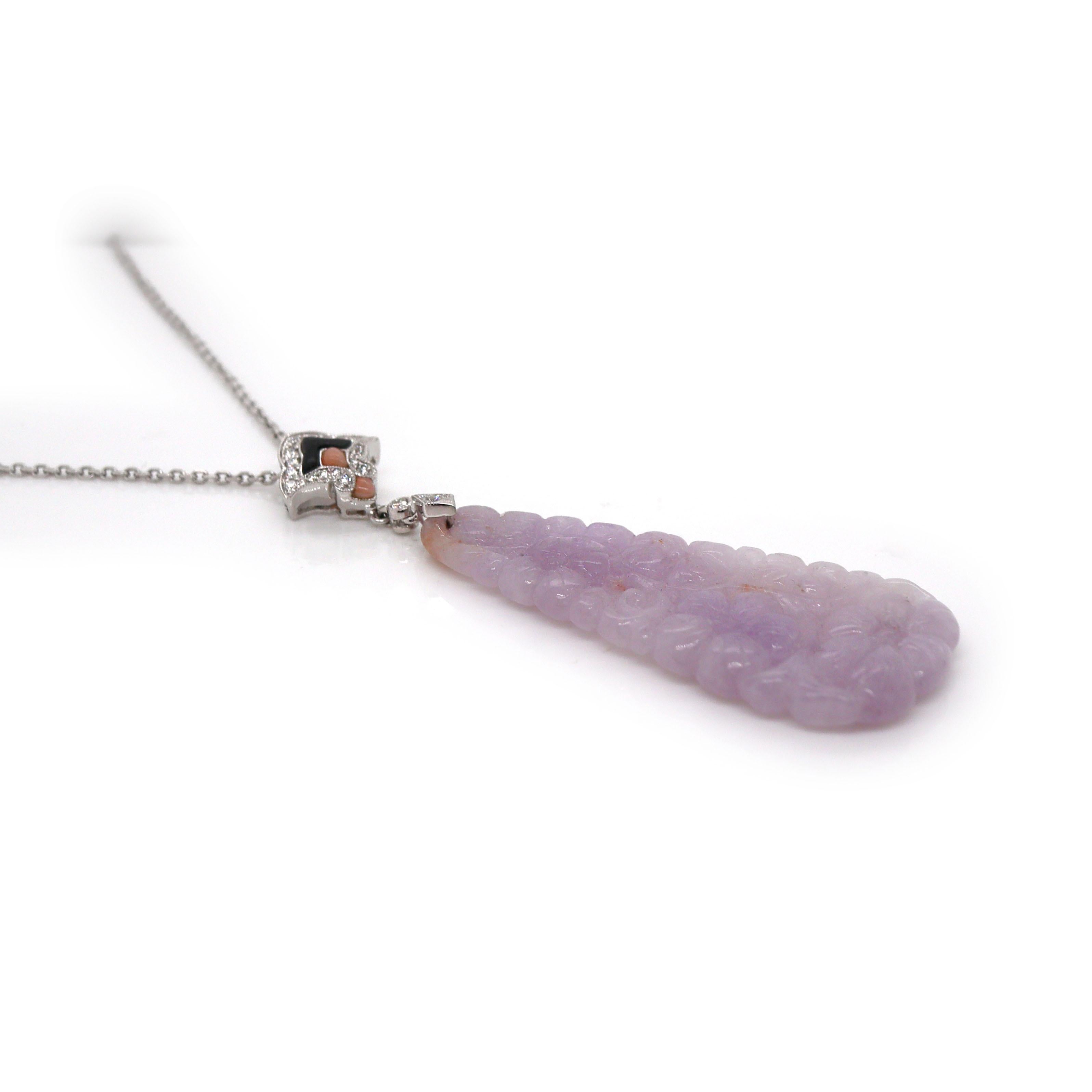 da uomo o donna Ciondolo e collana in oro bianco 18 carati con giada lavanda, corallo, onice e diamanti in vendita