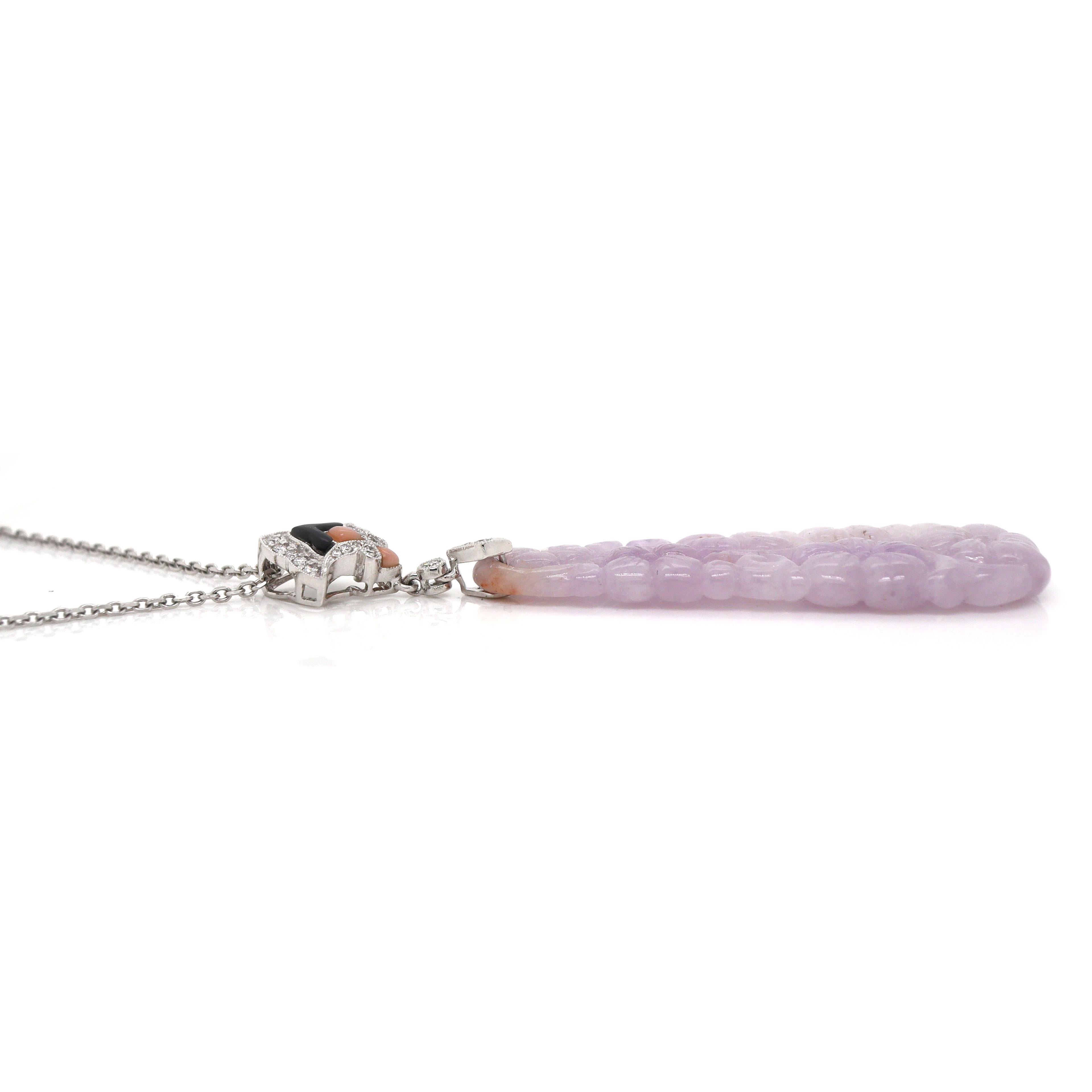 Ciondolo e collana in oro bianco 18 carati con giada lavanda, corallo, onice e diamanti in vendita 1