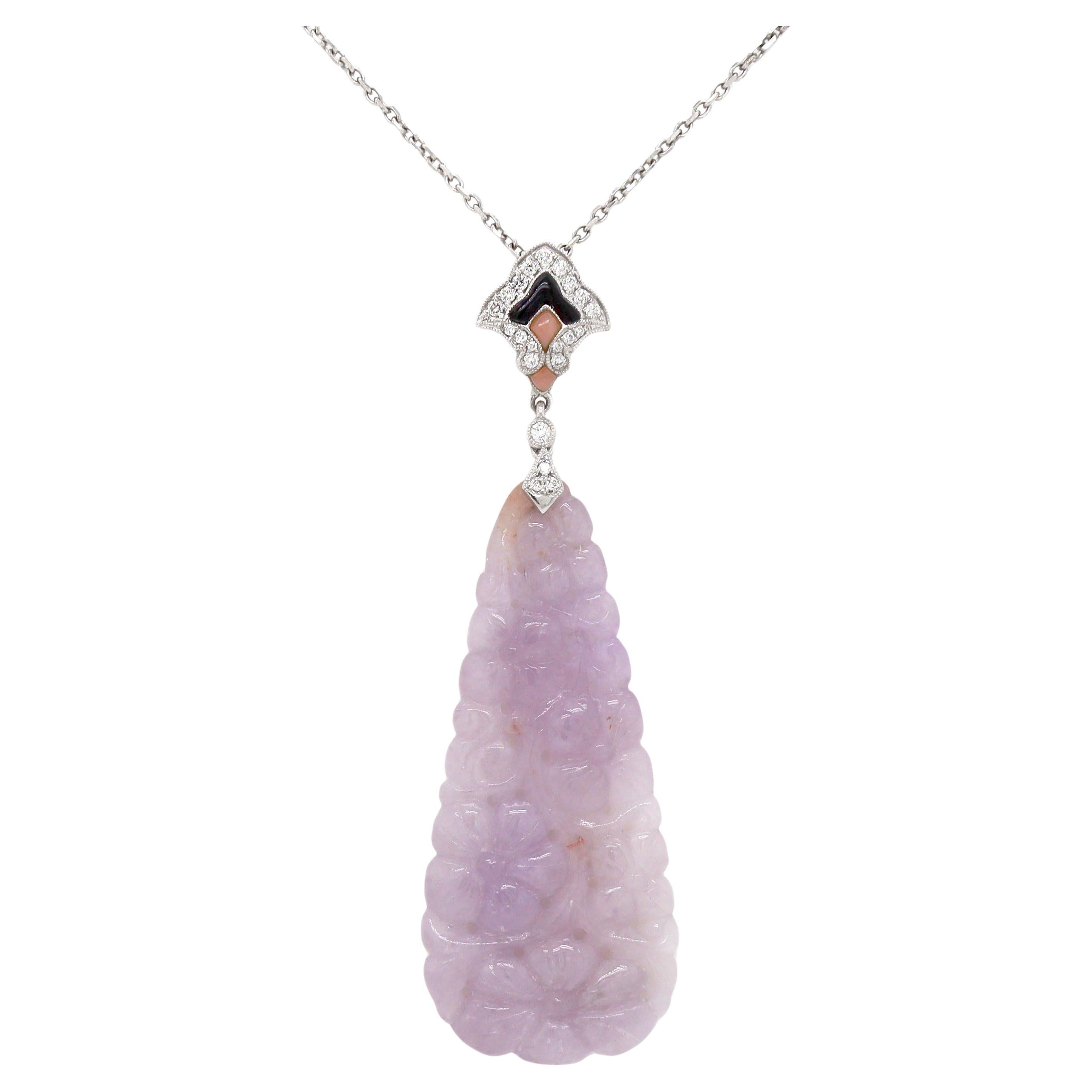 18CT White Gold Lavender Jade, Coral, Onyx, Diamond Pendant & Necklace