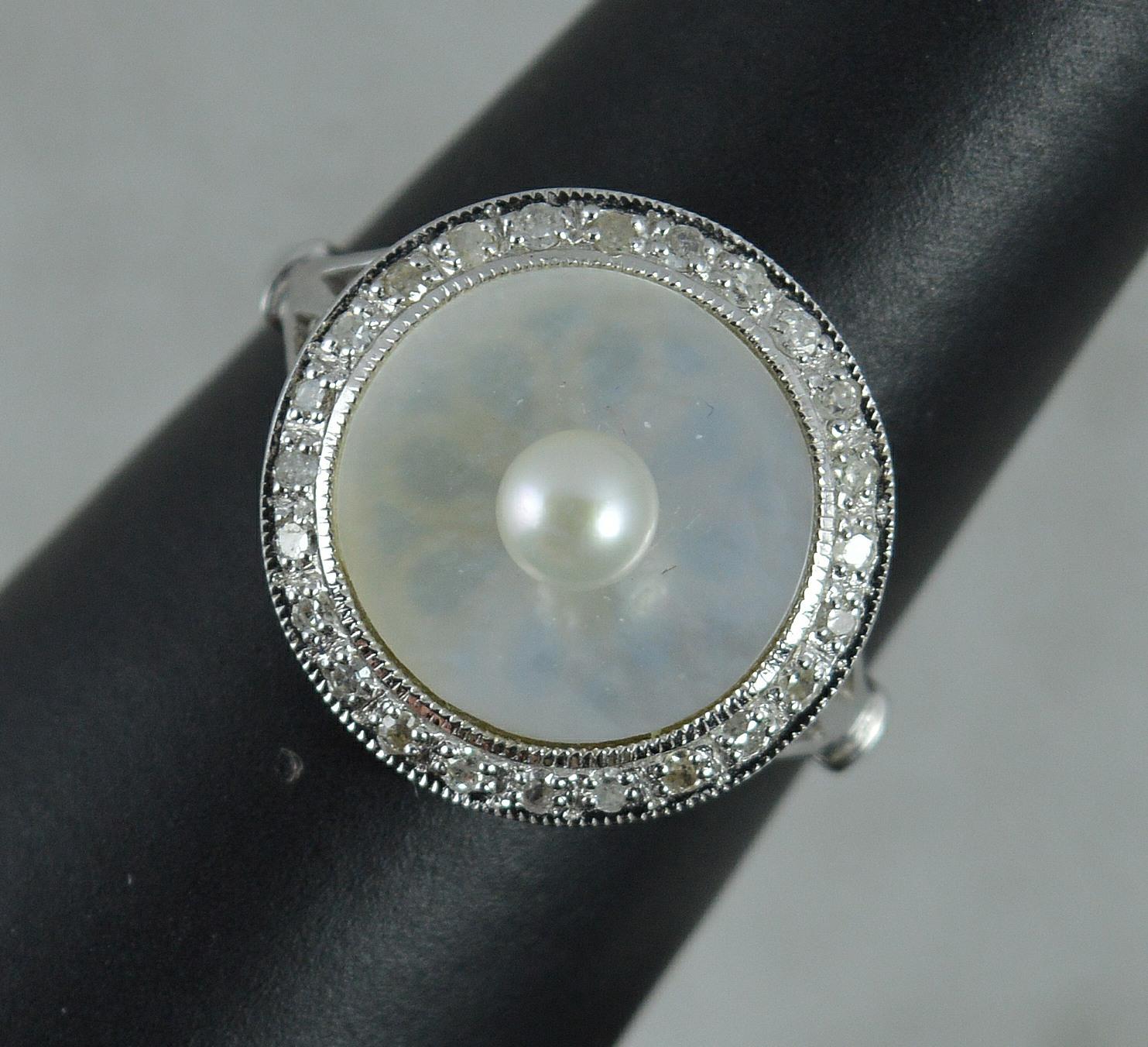 18 Carat White Gold Mother of Pearl and Diamond Panel Cluster Ring 7