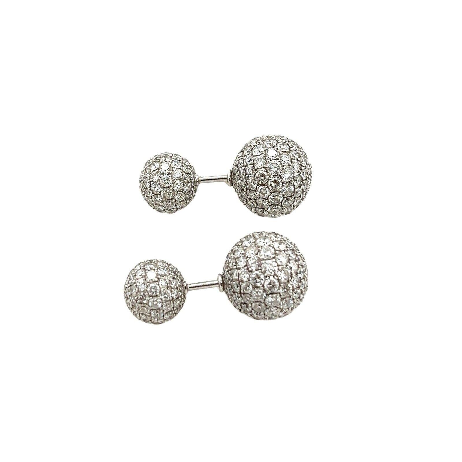 Make a dazzling move with these diamond ball stud earrings 
set in 18ct white gold with 5.36ct round brilliant cut diamonds in a pave setting. Different-sized ball studs make the earrings reversible and versatile to wear with any outfit.
(tested as
