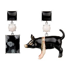 18ct White Gold, Onyx, Obsidian, Porcelain and Pink Quartz 'Mr Pig' Earrings