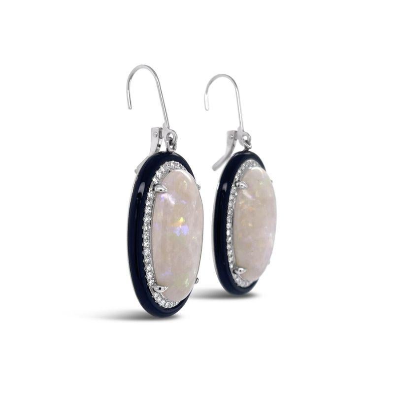 Oval cabochon cut Opals, crafted with Eighteen Karat white gold and black onyx, featuring a stunning eighty-four micro-claw set round single cut diamonds, complemented by a polished finish design. 

Opal Weight: 18.13ct 
Opal Grade/Colours: Green,