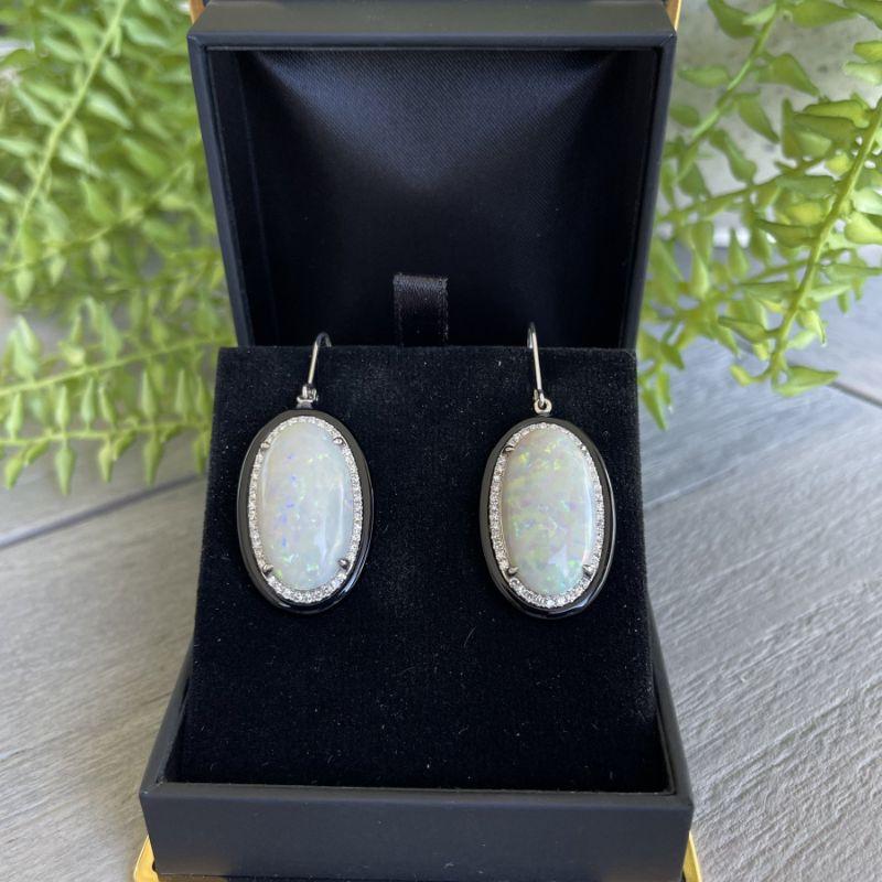 Women's 18ct White Gold Opal and Black Onyx Earrings For Sale