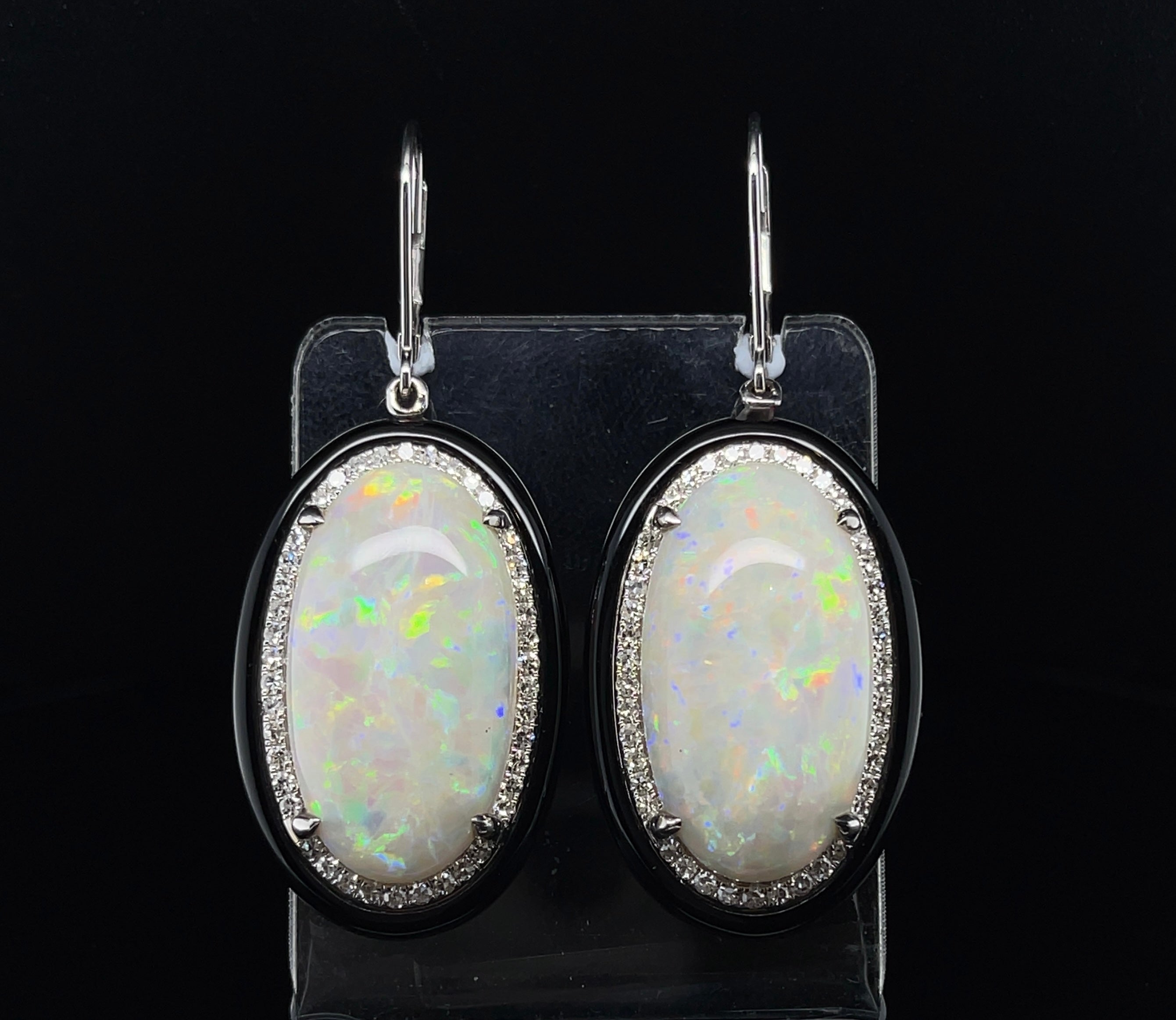 Cabochon 18ct White Gold Opal and Black Onyx Earrings For Sale