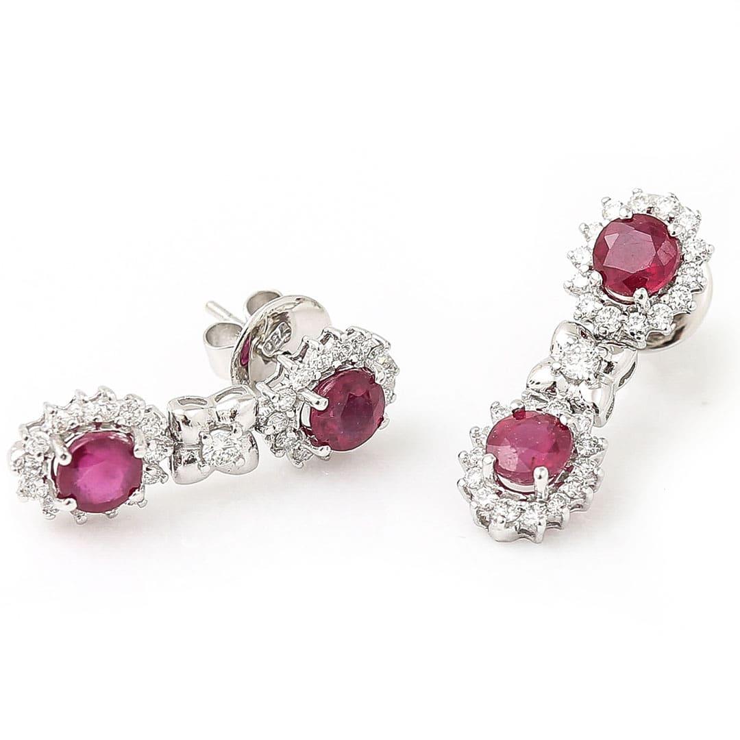 18ct White Gold Oval Cut Ruby and Brilliant Cut Diamond Earrings In Excellent Condition For Sale In Lancashire, Oldham