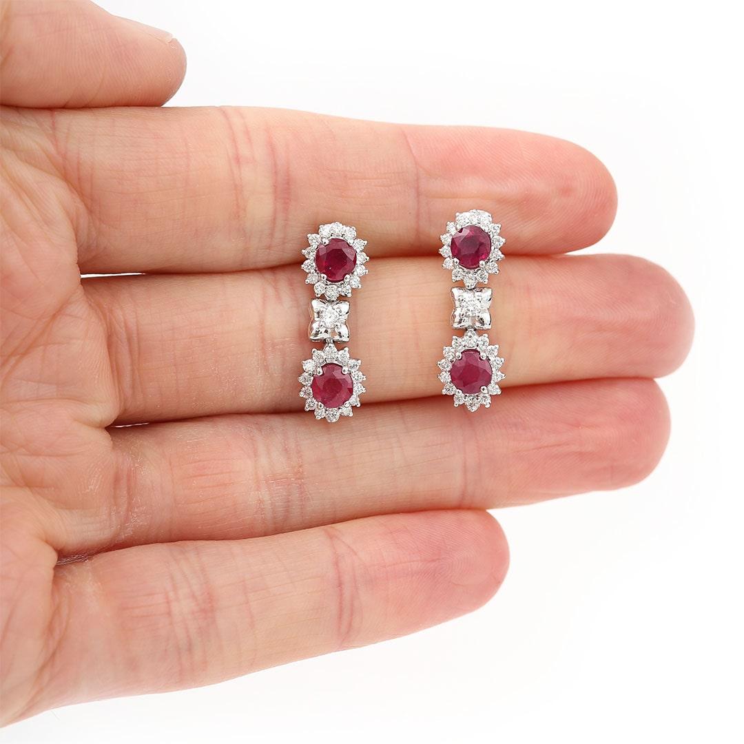 18ct White Gold Oval Cut Ruby and Brilliant Cut Diamond Earrings For Sale 3