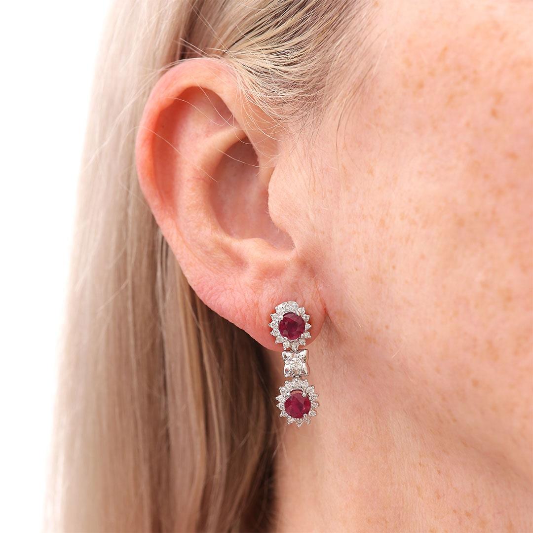 18ct White Gold Oval Cut Ruby and Brilliant Cut Diamond Earrings For Sale 4