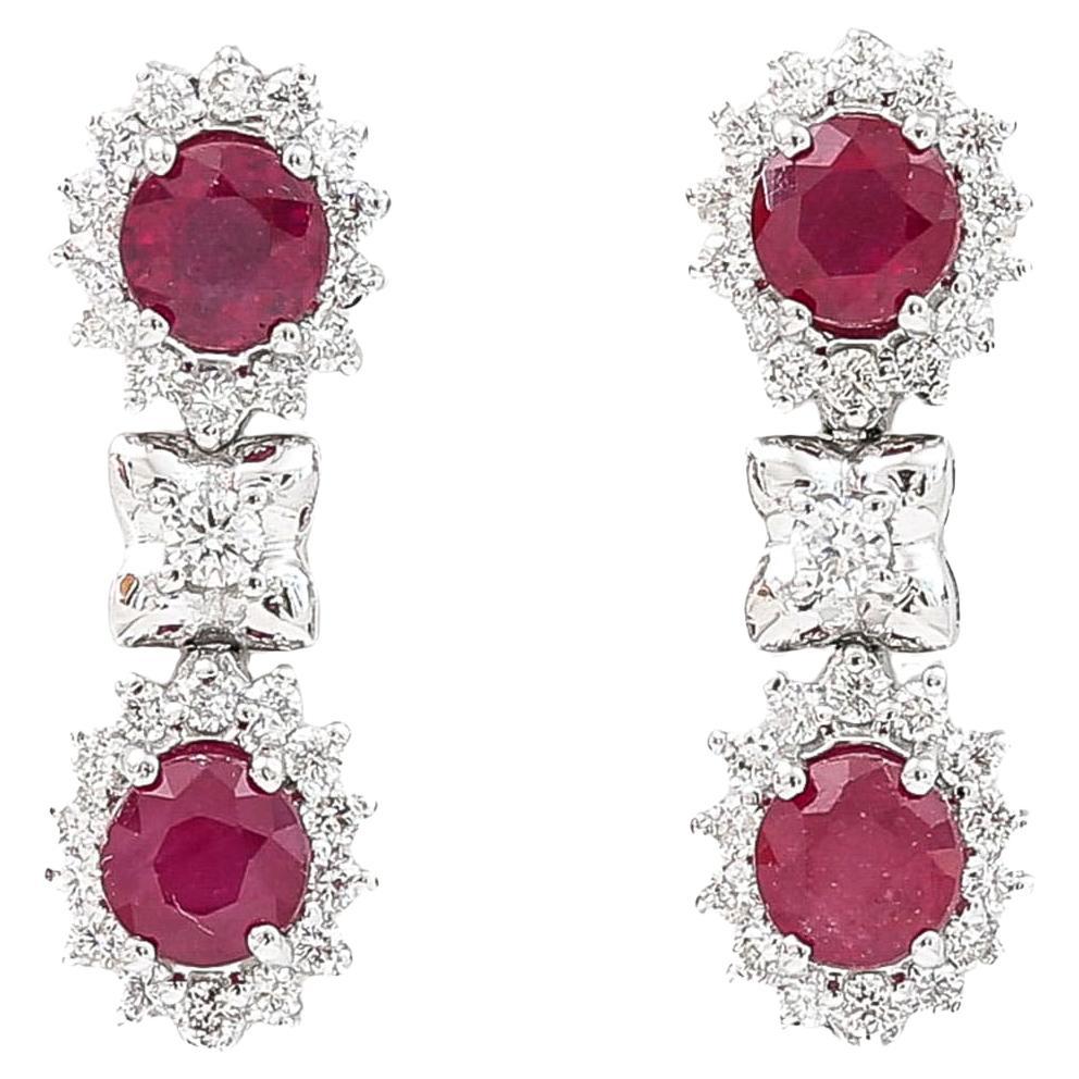 18ct White Gold Oval Cut Ruby and Brilliant Cut Diamond Earrings For Sale