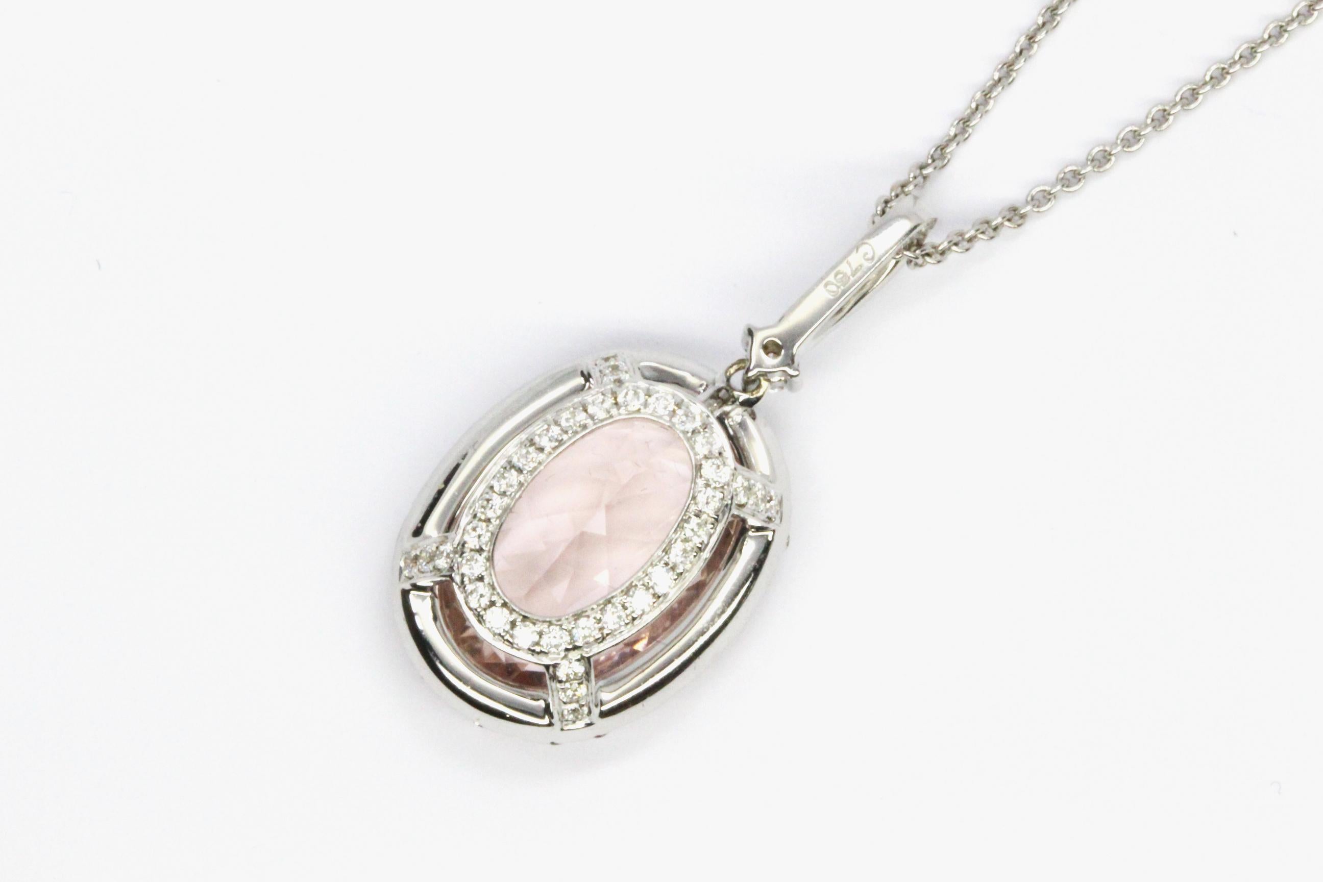 G2906 18ct White Gold 6.16ct Oval Morganite & Diamond Pendant 

Gemstone & Diamond Details:
1 = 6.16ct Oval Cut Morganite
1 = 0.04ct Round Brilliant Cut Diamond Colour G Clarity VS                                     
72 = 0.54ct Round Brilliant Cut