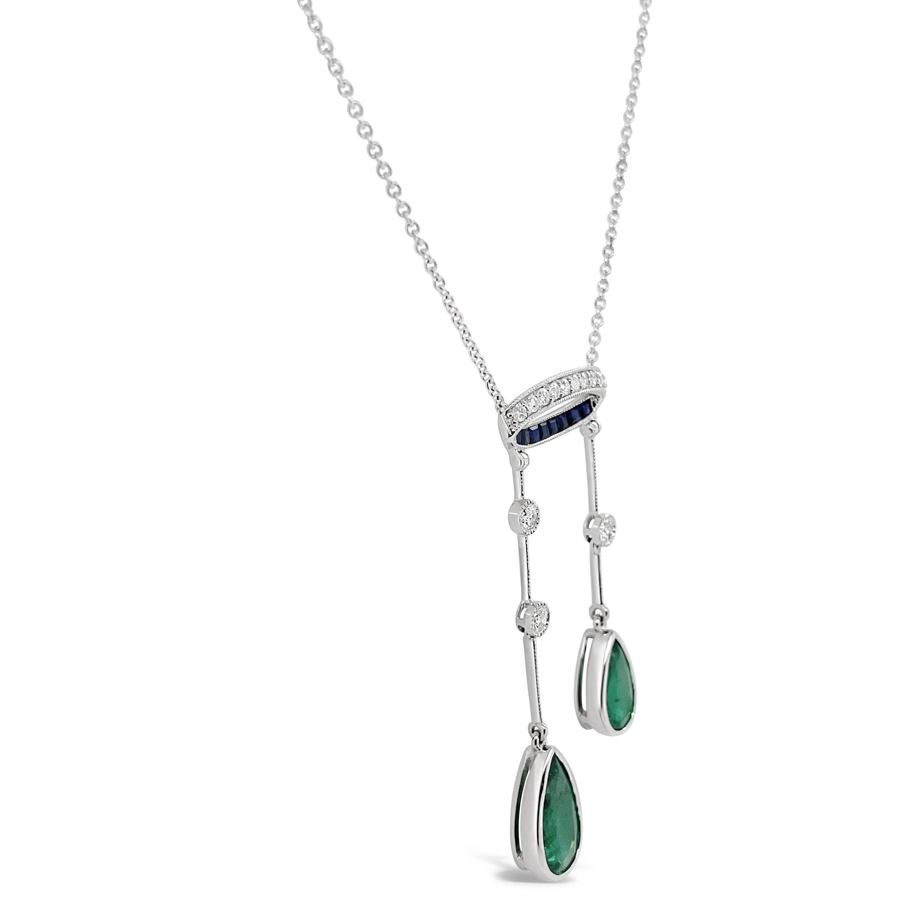 A gorgeous set of pear shaped natural Colombian (based on my opinion) emerald and diamond eighteen karat white gold necklace 

Emerald Total Weight: 2.80ct

Emerald Colour Grade: Medium 

Dimensions: 10mm(L) x 5.1mm(W) x 3.2mm (D-estimated)