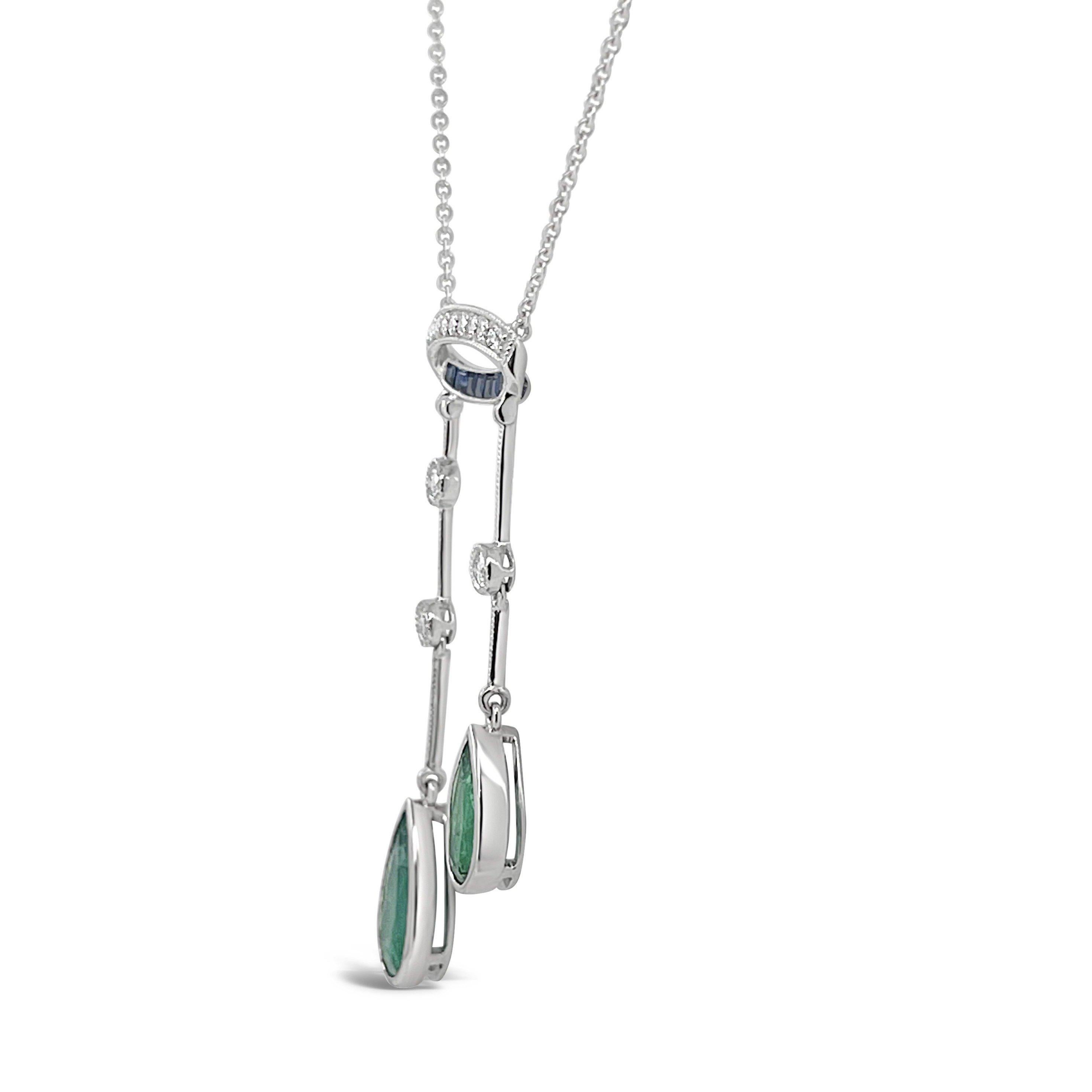 Contemporary 18CT White Gold Pair Emerald Double Drop Pendant and Necklace For Sale