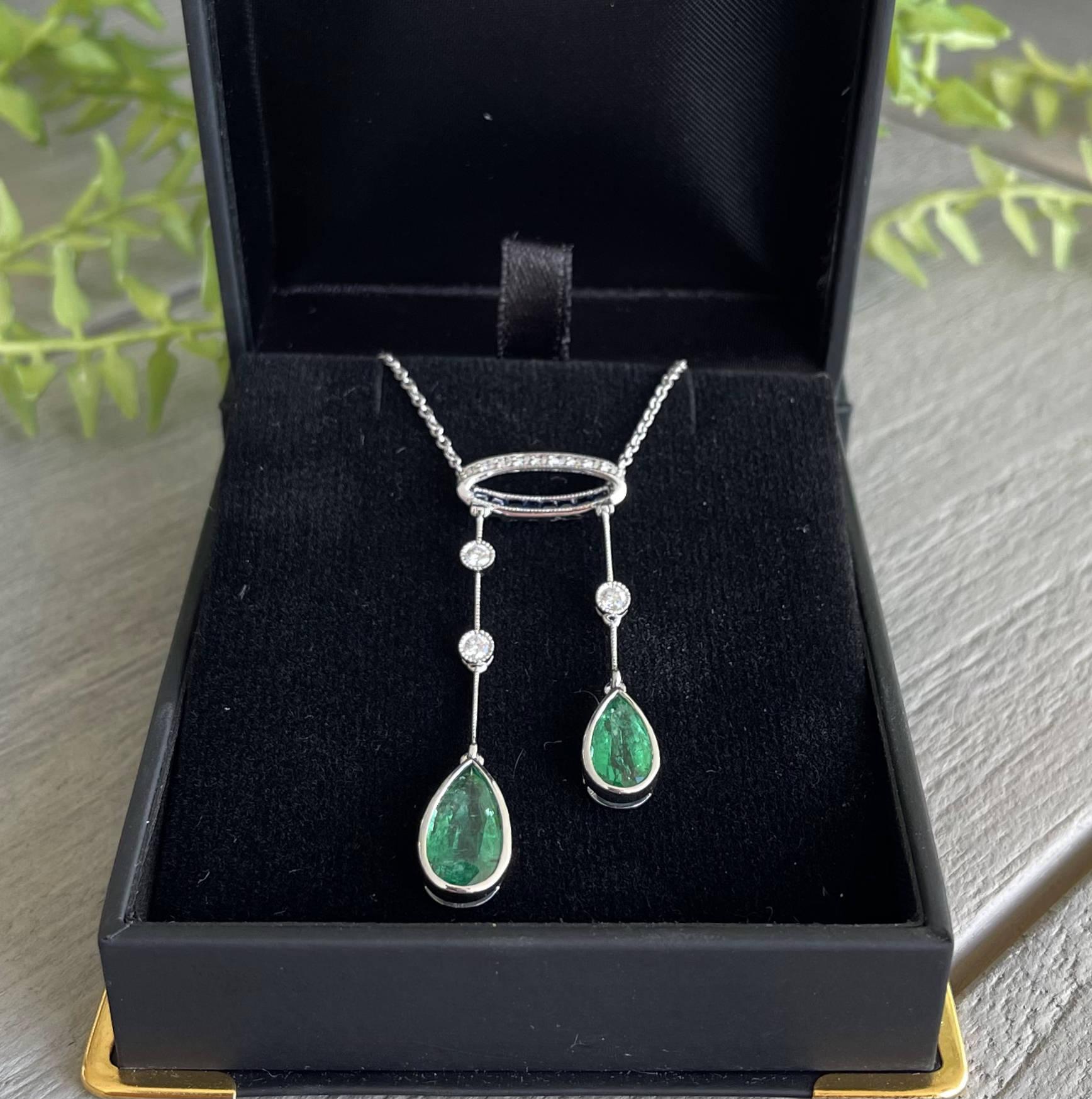Pear Cut 18CT White Gold Pair Emerald Double Drop Pendant and Necklace For Sale