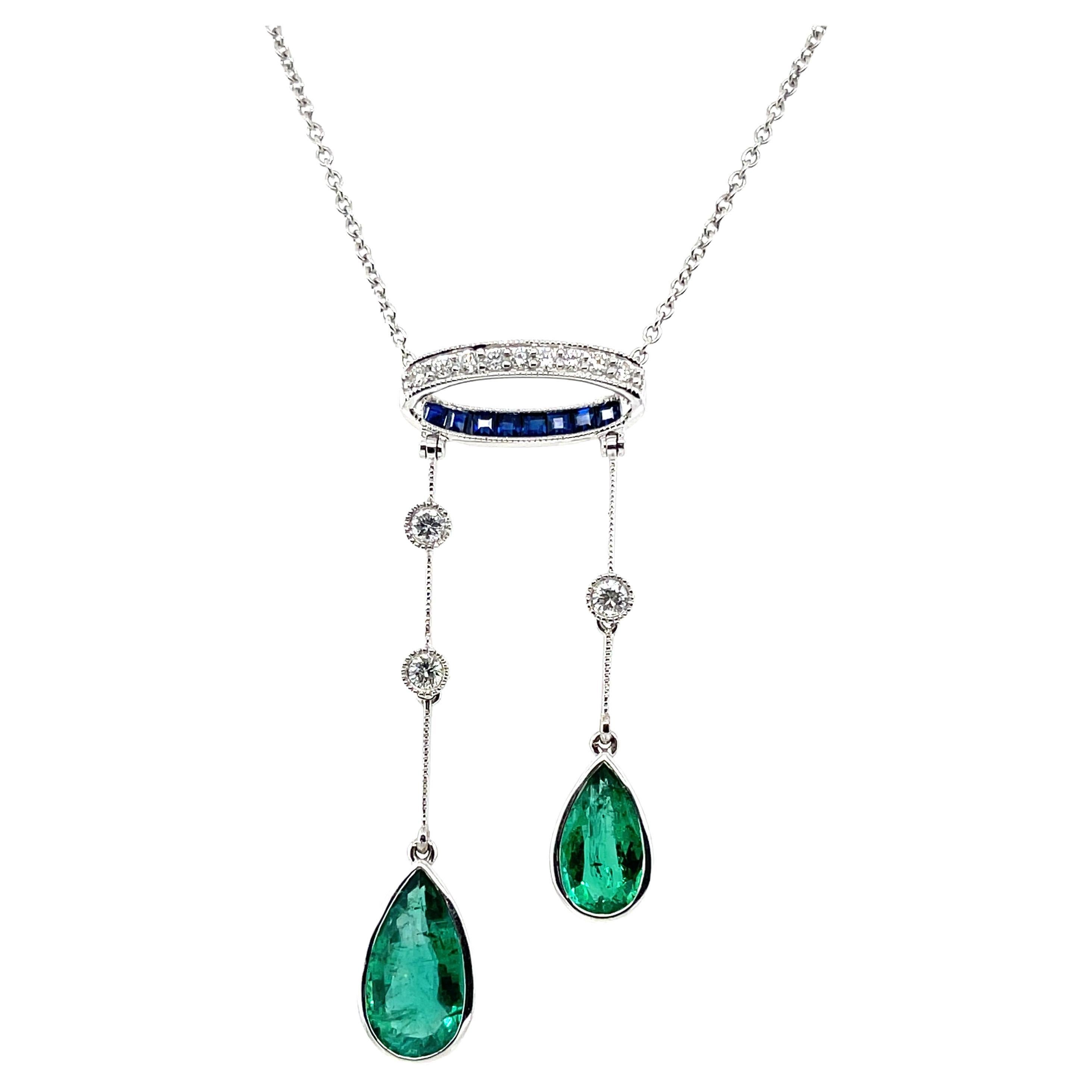 18CT White Gold Pair Emerald Double Drop Pendant and Necklace For Sale