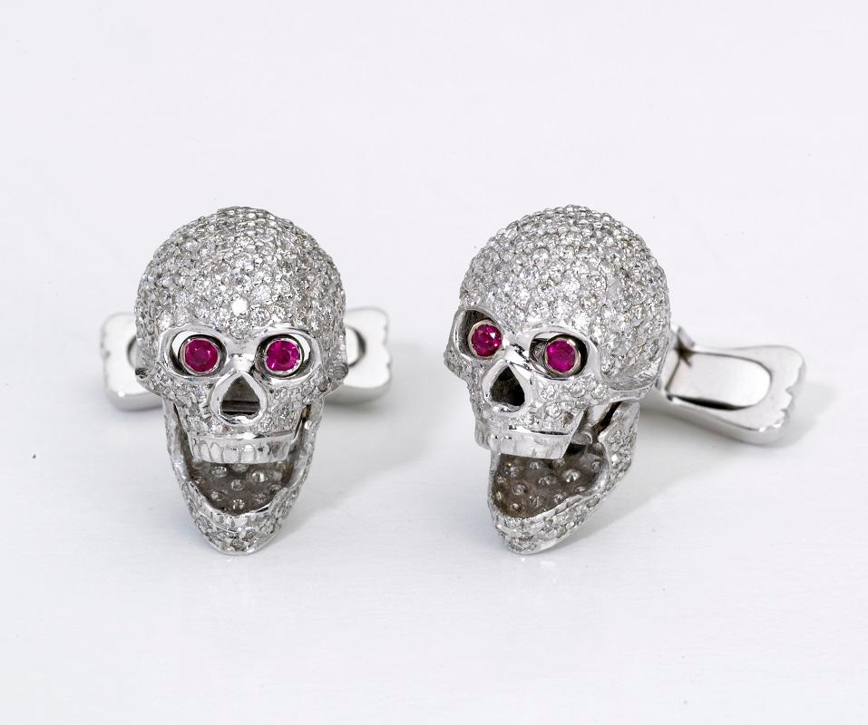 Contemporary 18 Carat White Gold Pave Diamond Skull Cufflinks with Ruby Eyes