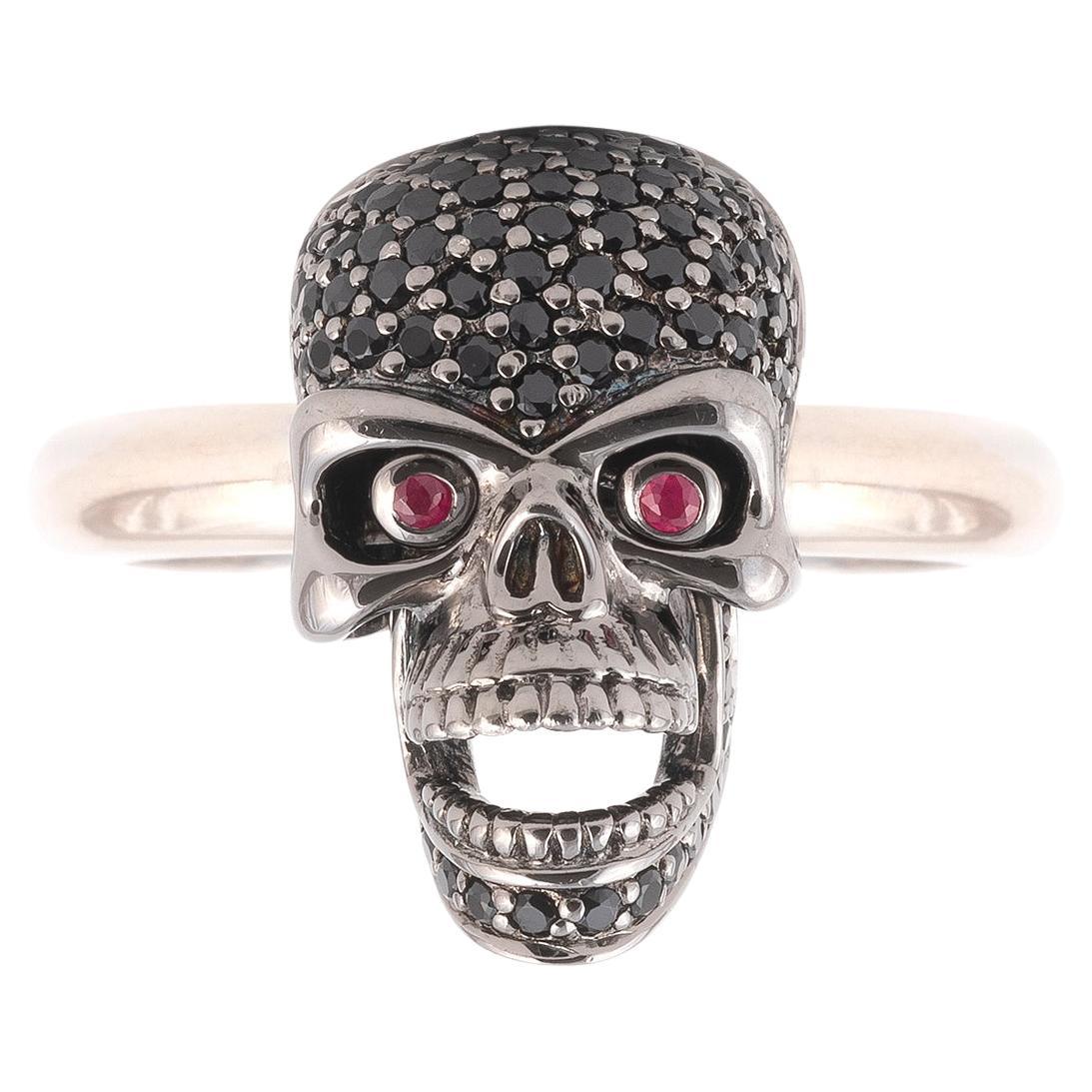 18ct White Gold Pave Set Black Diamond Skull With Ruby Eyes Ring For Sale