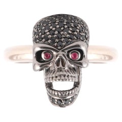 18ct White Gold Pave Set Black Diamond Skull With Ruby Eyes Ring