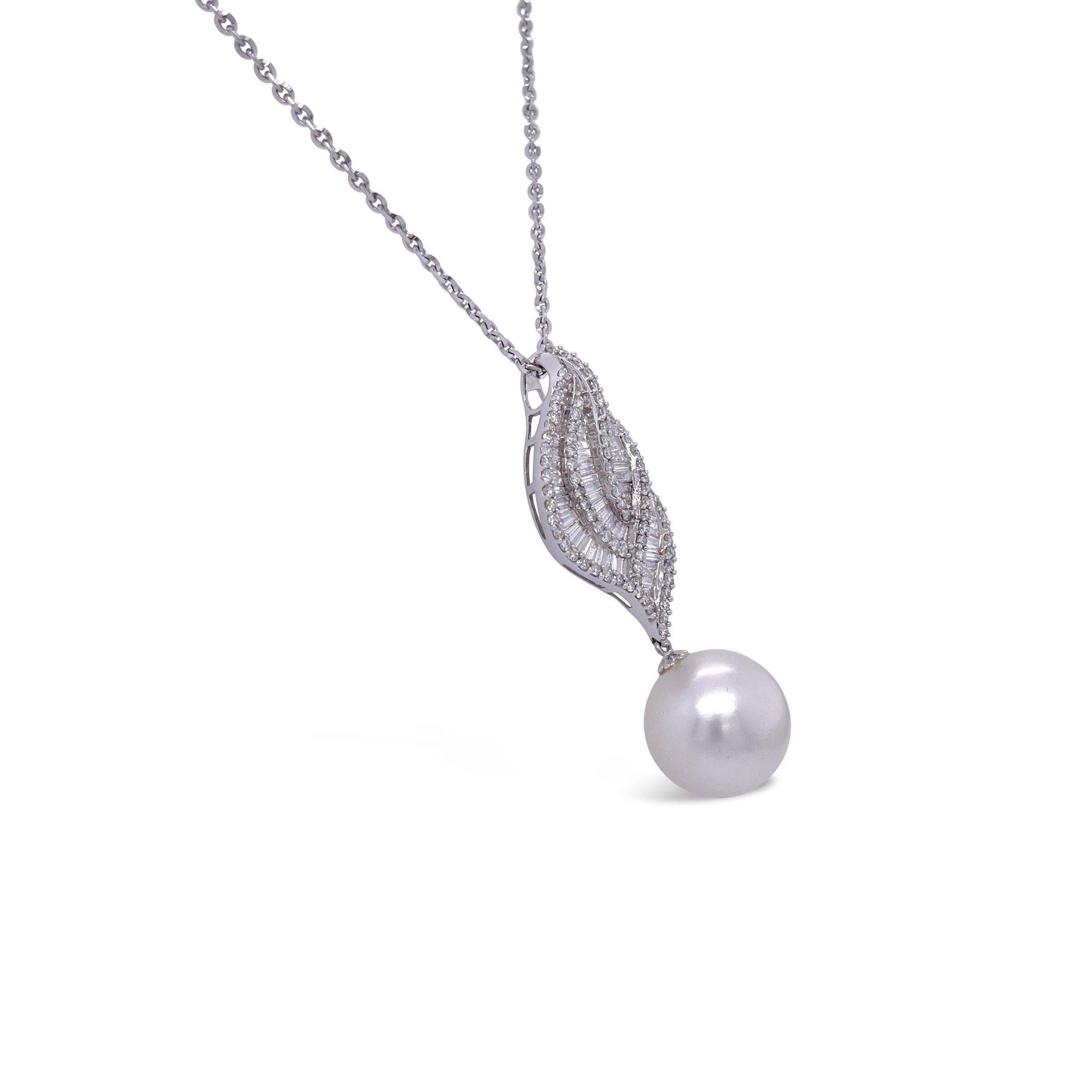 Women's 18CT White Gold Pearl and Diamond Drop Pendant and Necklace For Sale