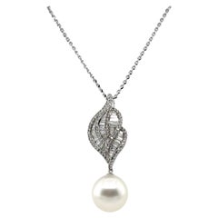 18CT White Gold Pearl and Diamond Drop Pendant and Necklace